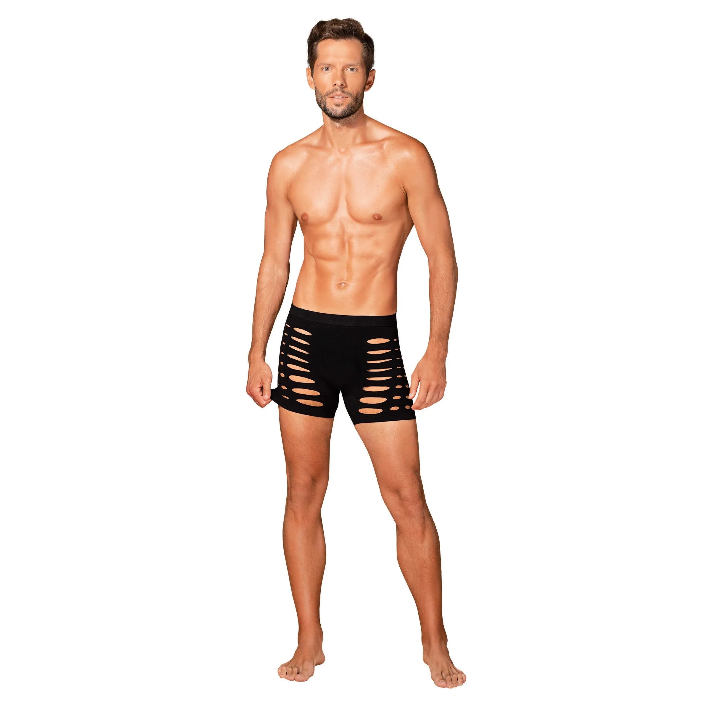 Caleçon noir homme M104, matière élastique, découpes audacieuses, coupe silhouette, confort seconde peau, séduction.