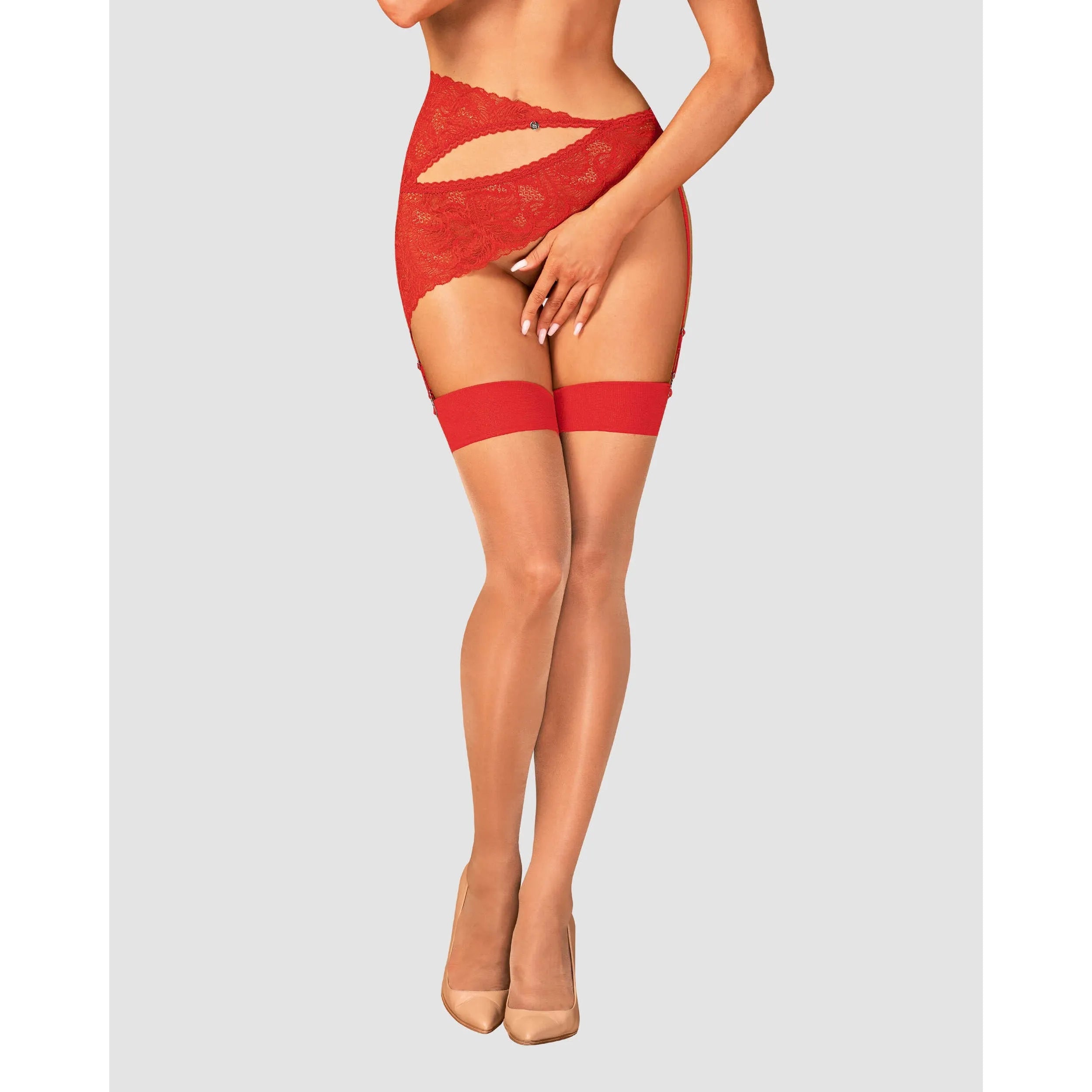 Bas jarretelles rouges sexy en résille beige, accent lisse, polyamide élasthanne, élégance et séduction féminine.