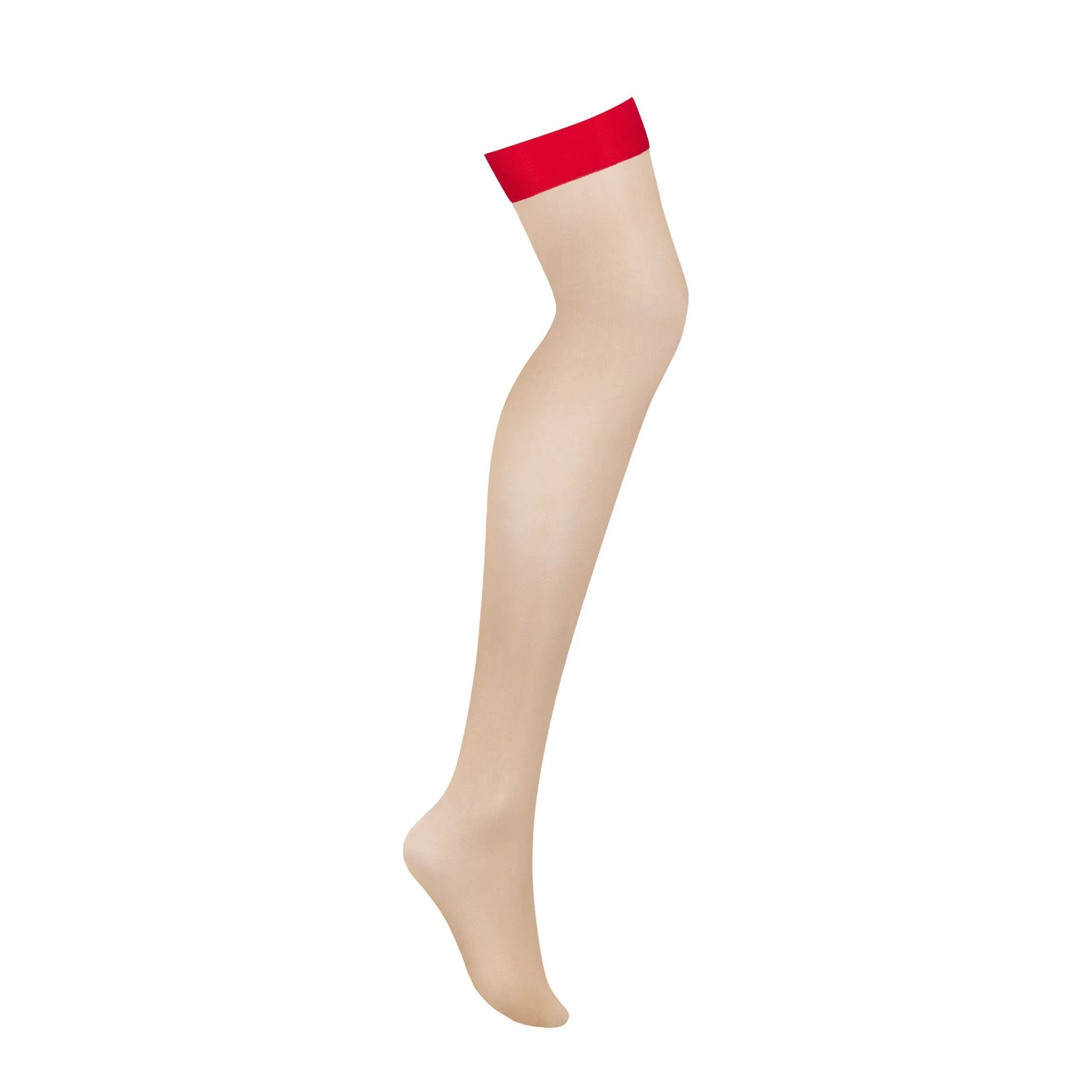 Bas jarretelles rouges sexy en résille beige, élégance et séduction, polyamide élasthanne, glamour féminin.