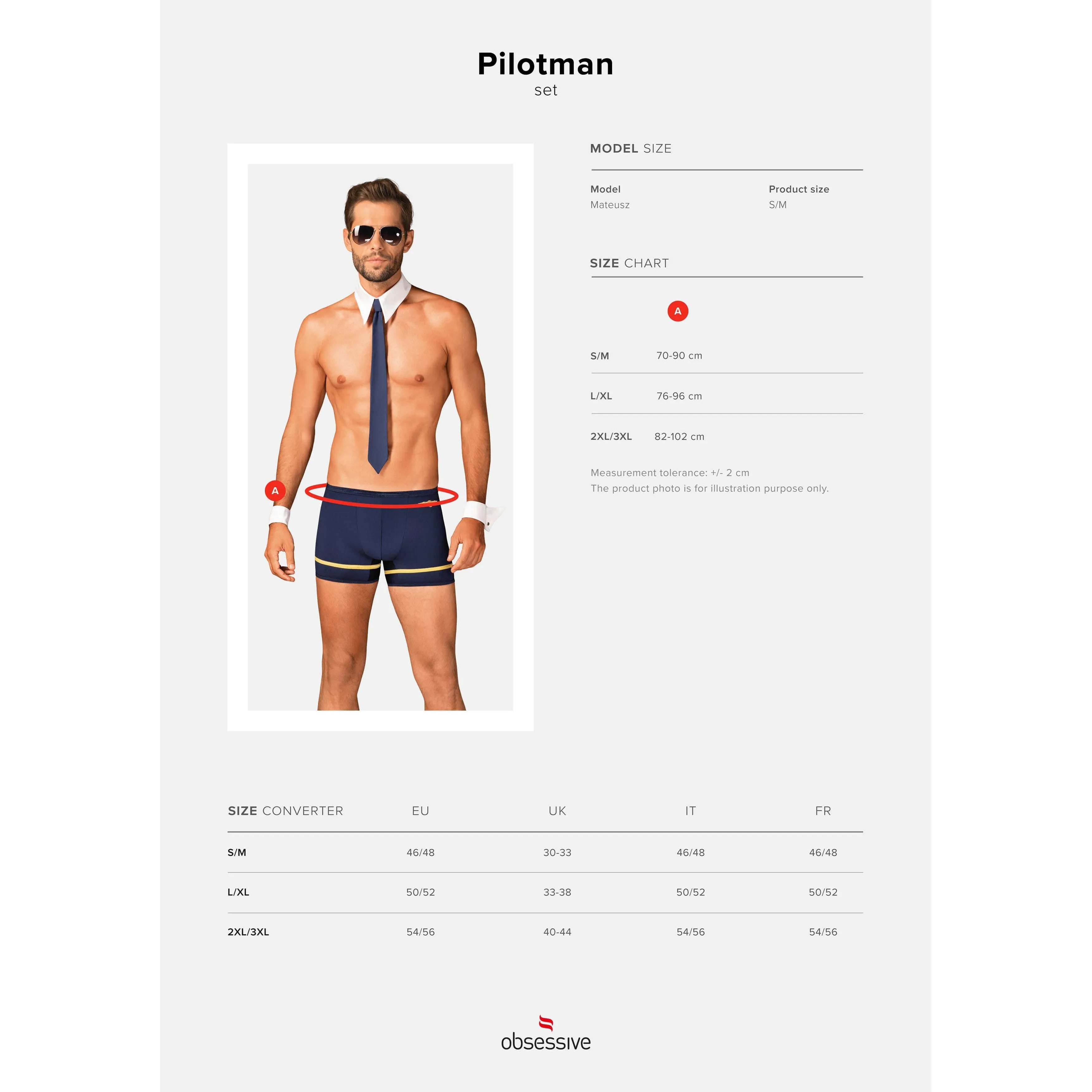 Costume sexy pilote homme bleu doré, caleçon ajusté, cravate, lunettes, polyester élasthanne, look glamour et séduisant.