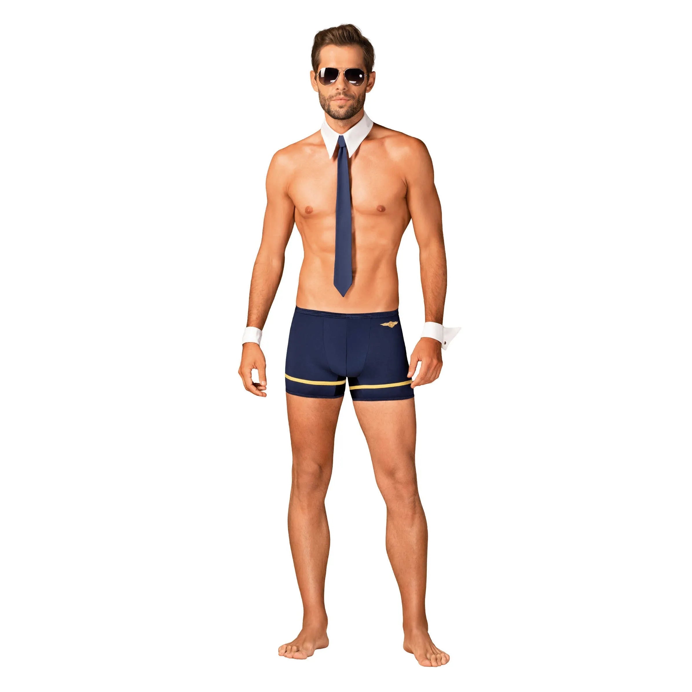 Costume sexy pilote homme bleu doré, caleçon ajusté, cravate, lunettes, polyester élasthanne, ambiance glamour.