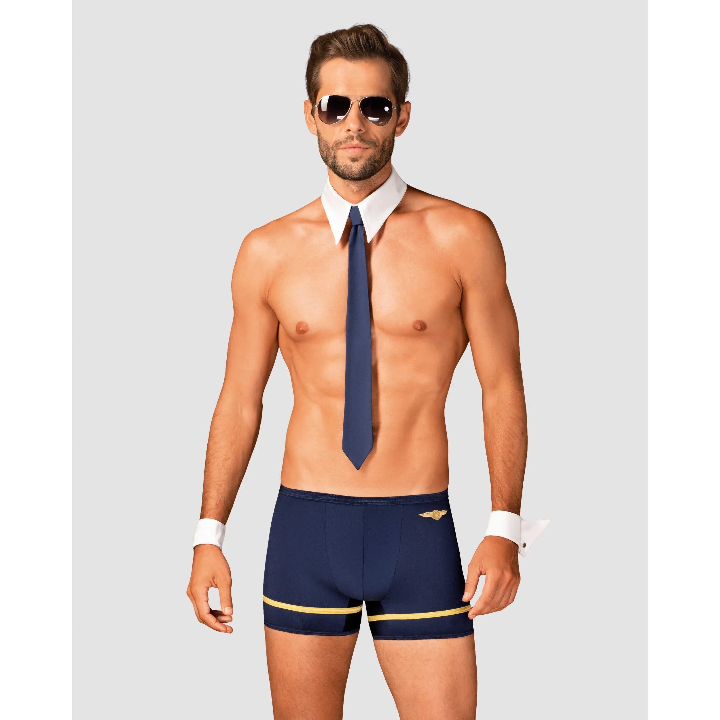 Costume pilote sexy homme bleu doré, caleçon ajusté, cravate, lunettes aviateur, chambre adulte, polyester élasthanne.