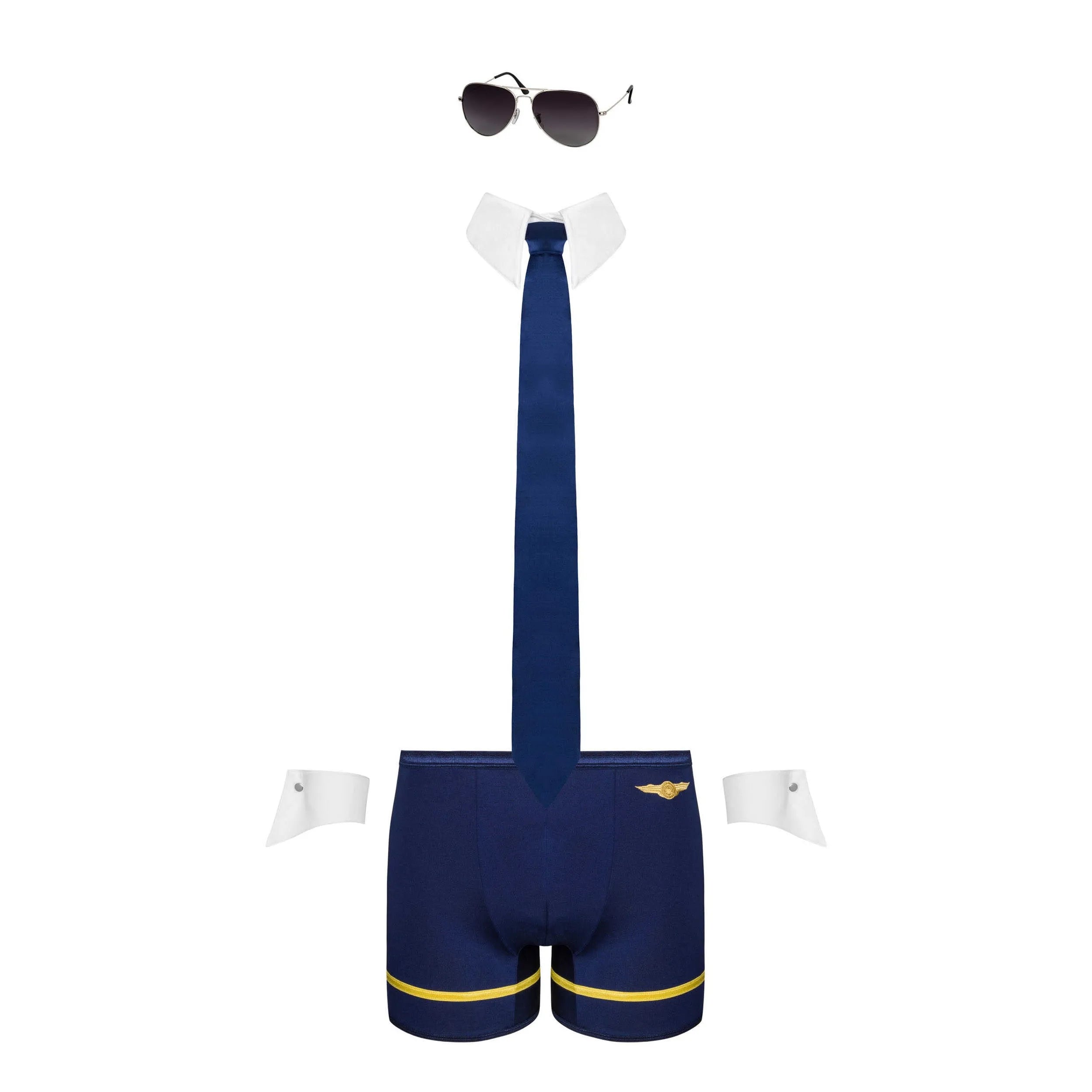 Costume sexy pilote homme bleu doré avec caleçon, cravate, lunettes, détails élégants, polyester élasthanne extensible.