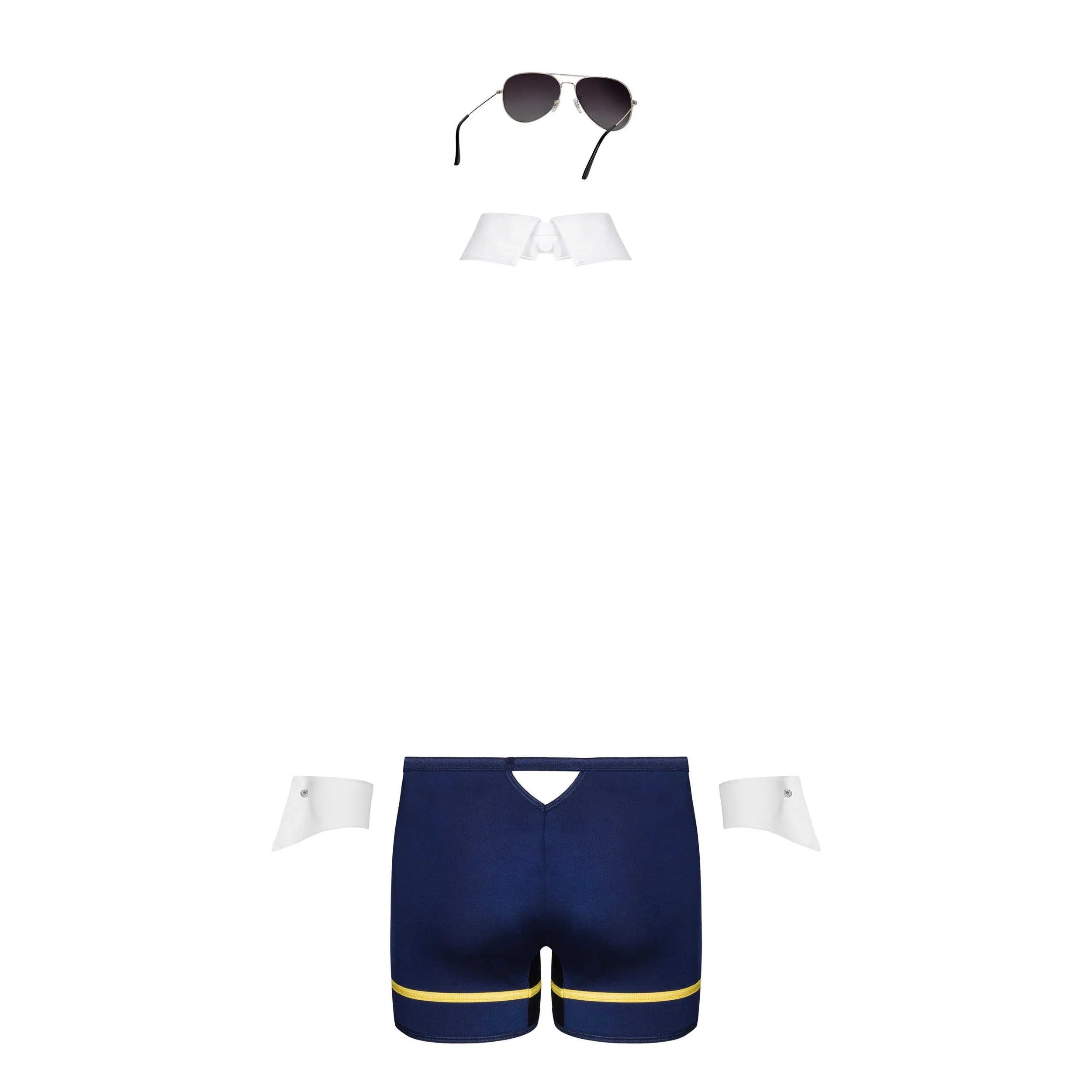 Costume pilote homme sexy bleu doré avec caleçon, cravate blanche, lunettes aviateur, accessoires chambre adulte.