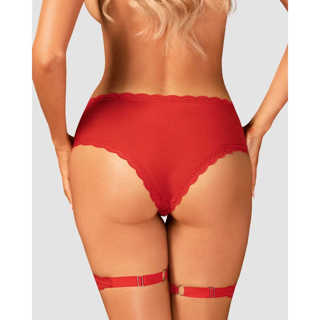 Culotte jarretière rouge Belovya en dentelle, ajustable, élégante et sexy, avec détails raffinés et jarretelles réglables.