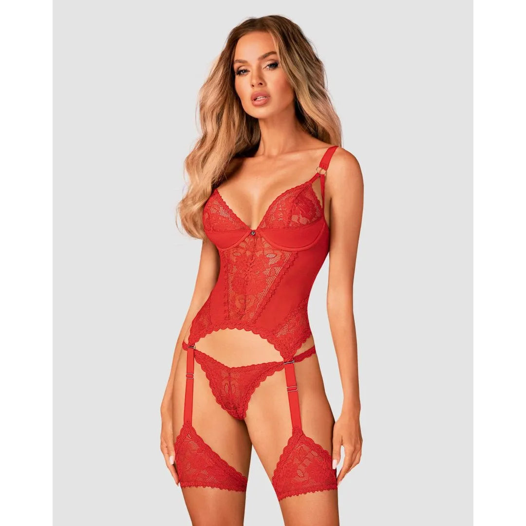 Corset rouge dentelle sexy avec jarretelles amovibles, armatures, bretelles réglables, ornement anneaux bijoux.