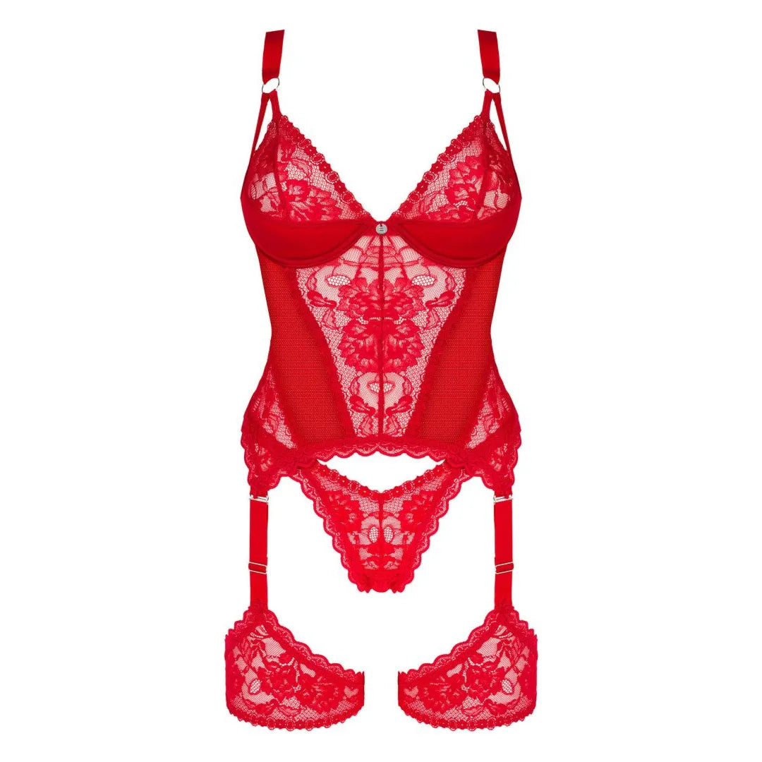 Corset rouge dentelle sexy avec jarretelles amovibles, armatures, bretelles réglables et ornements bijoux.