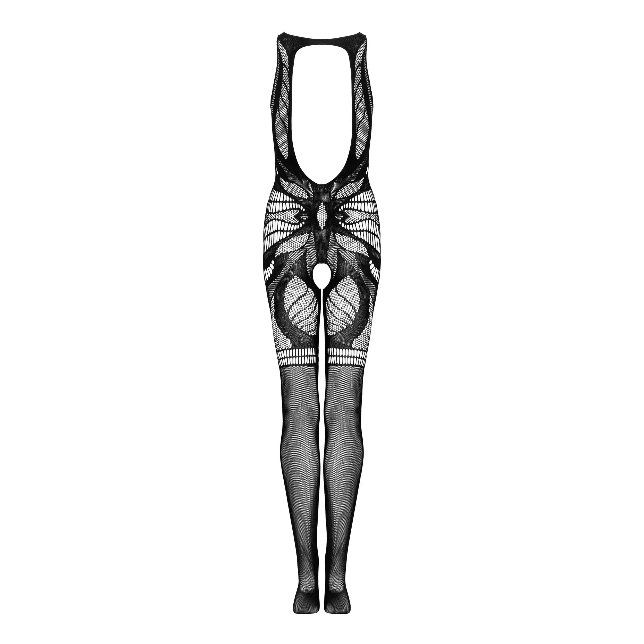 Bodystocking noir décolleté ouvert, dos nu, en nylon élasthanne, design sculptant et audacieux, entrejambe ouvert.