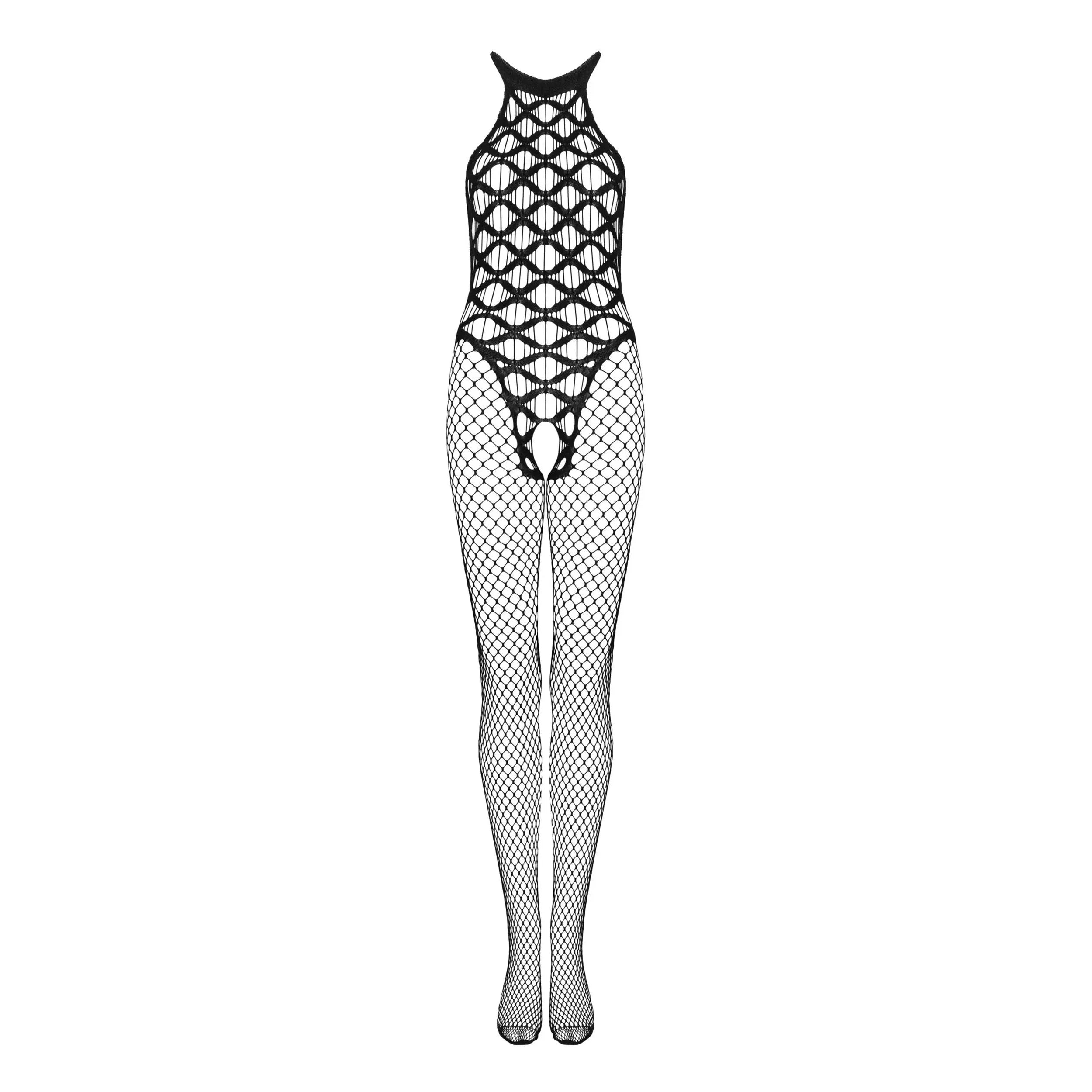 Combinaison résille noire sexy, dos dégagé, entrejambe ouvert, nylon élasthanne, bretelles élastiques, tailles S à L.