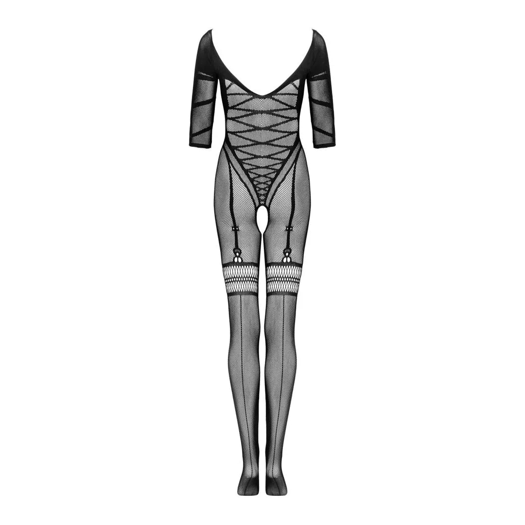 Combinaison noire sculptante style corset, motif géométrique, décolleté plongeant, entrejambe ouvert, manches trois-quarts.