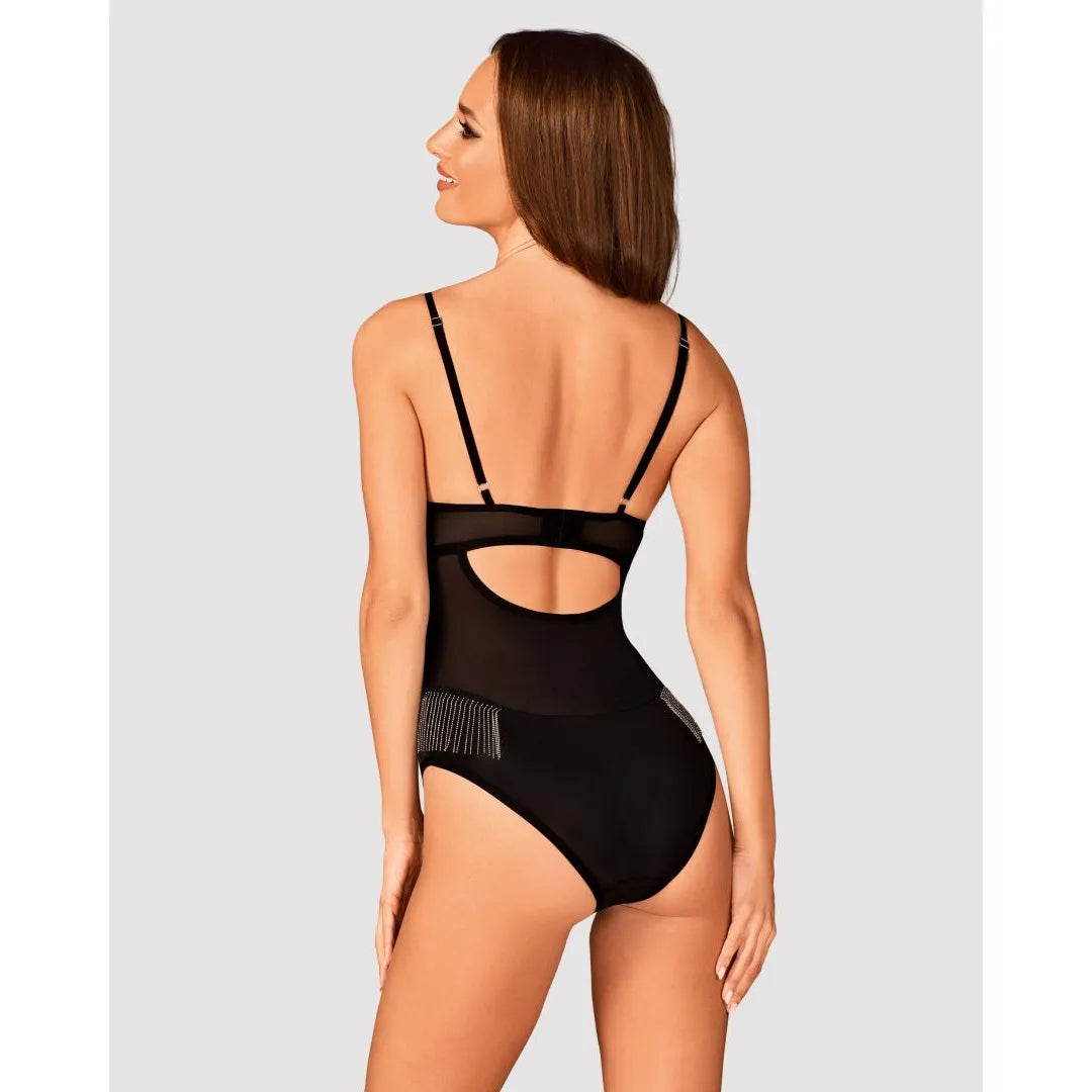 Milladis body noir sexy perles argentées lingerie féminine élégante ajustable translucide extensible doux maintien armatures bretelles réglables