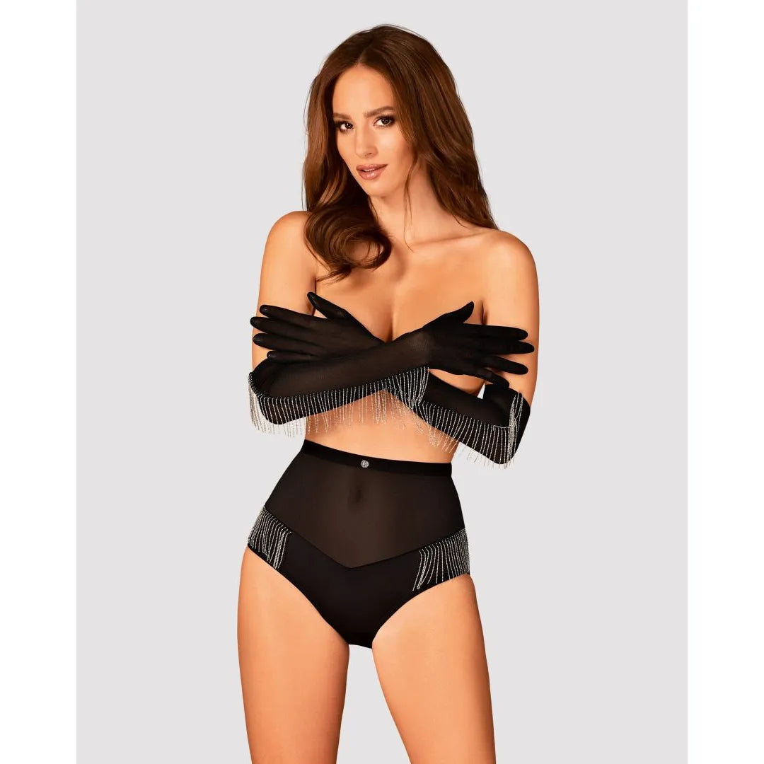 Gants noirs Milladis en maille transparente avec perles, longueur coudes, élégance glamour pour soirées, tailles S à XXL.
