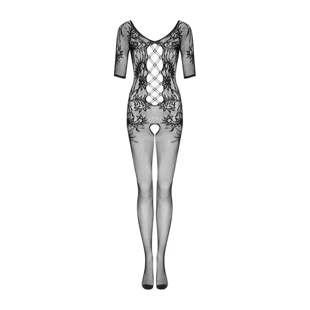 Combinaison résille noire motif floral, manches courtes, dos ajouré, entrejambe ouvert, nylon élasthanne extensible.
