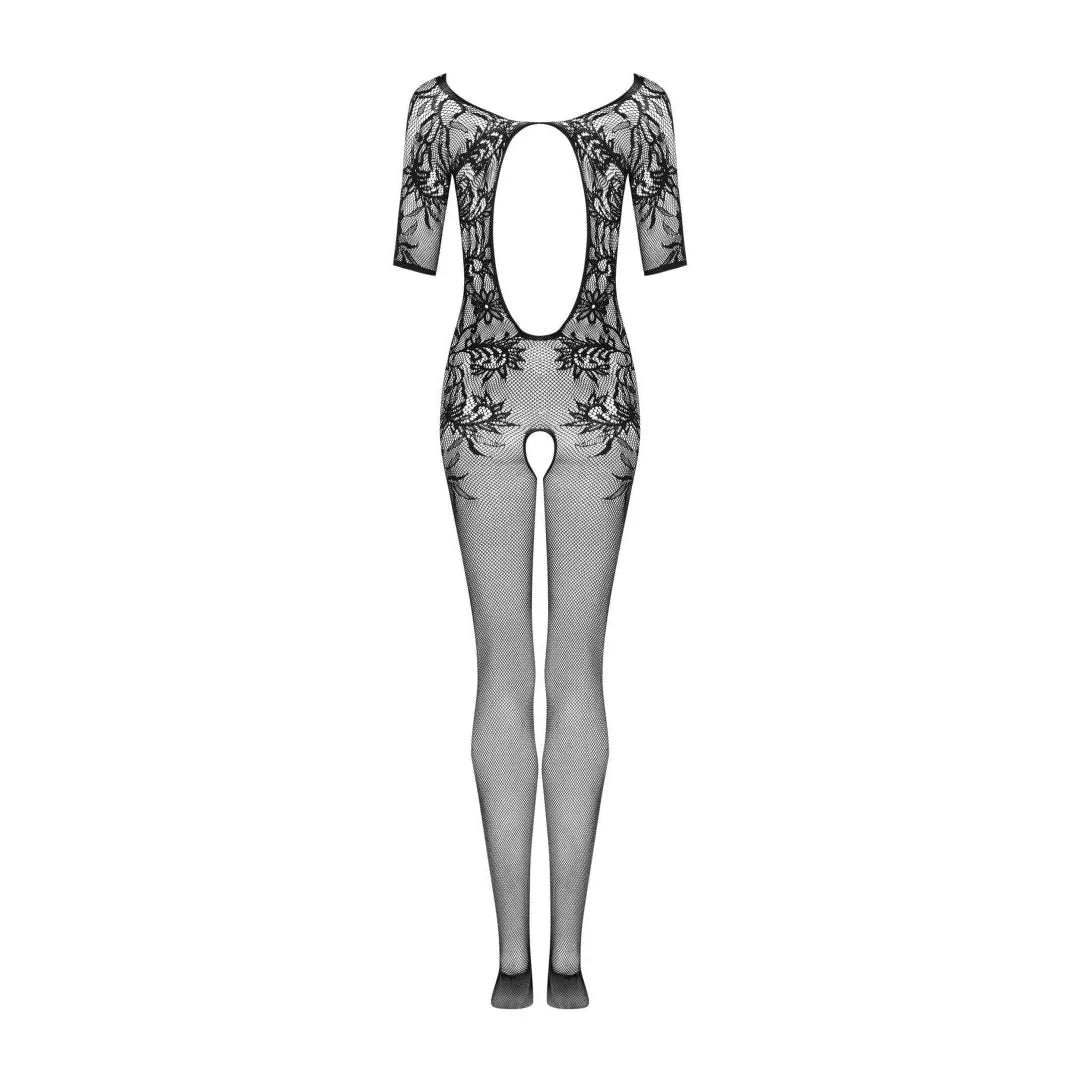 Combinaison résille noire motif floral, manches courtes, dos ajouré, entrejambe ouvert, nylon élasthanne extensible.