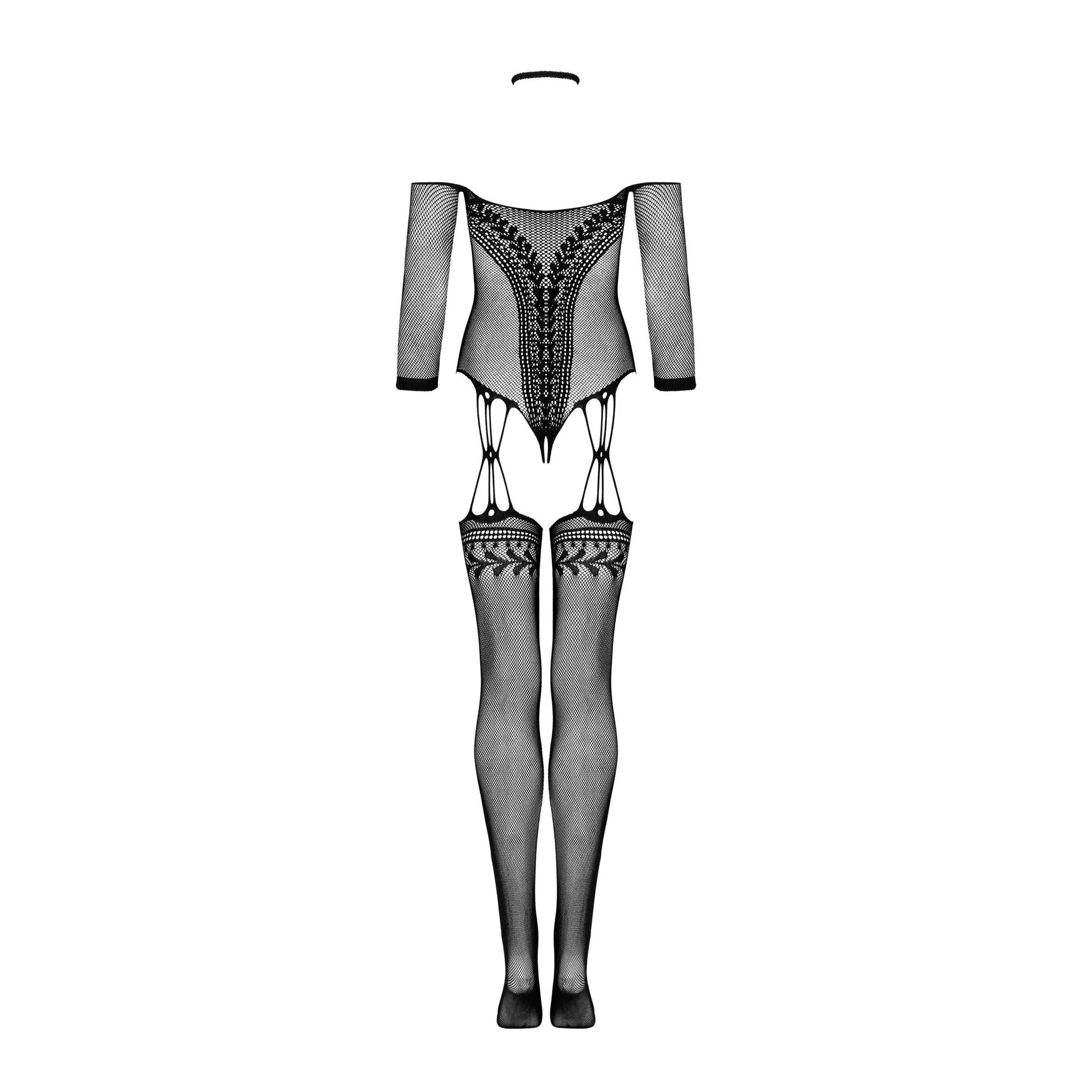 Combinaison lingerie noire résille motif floral, manches ¾, dos nu, entrejambe ouvert, style sexy et ajustable.