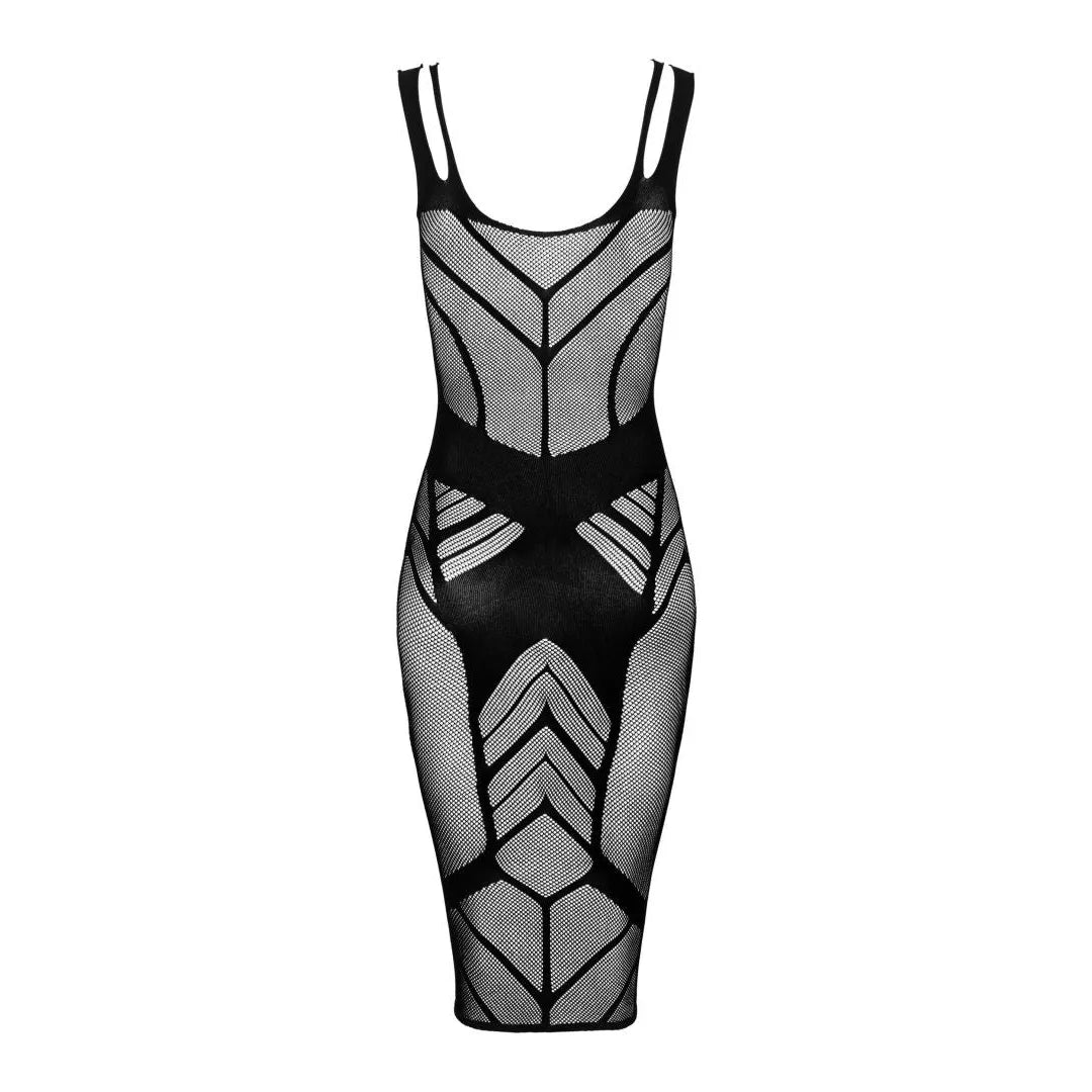 Robe noire tissée sexy, motif géométrique, coupe ajustée, soirée élégante, met en valeur la silhouette féminine.