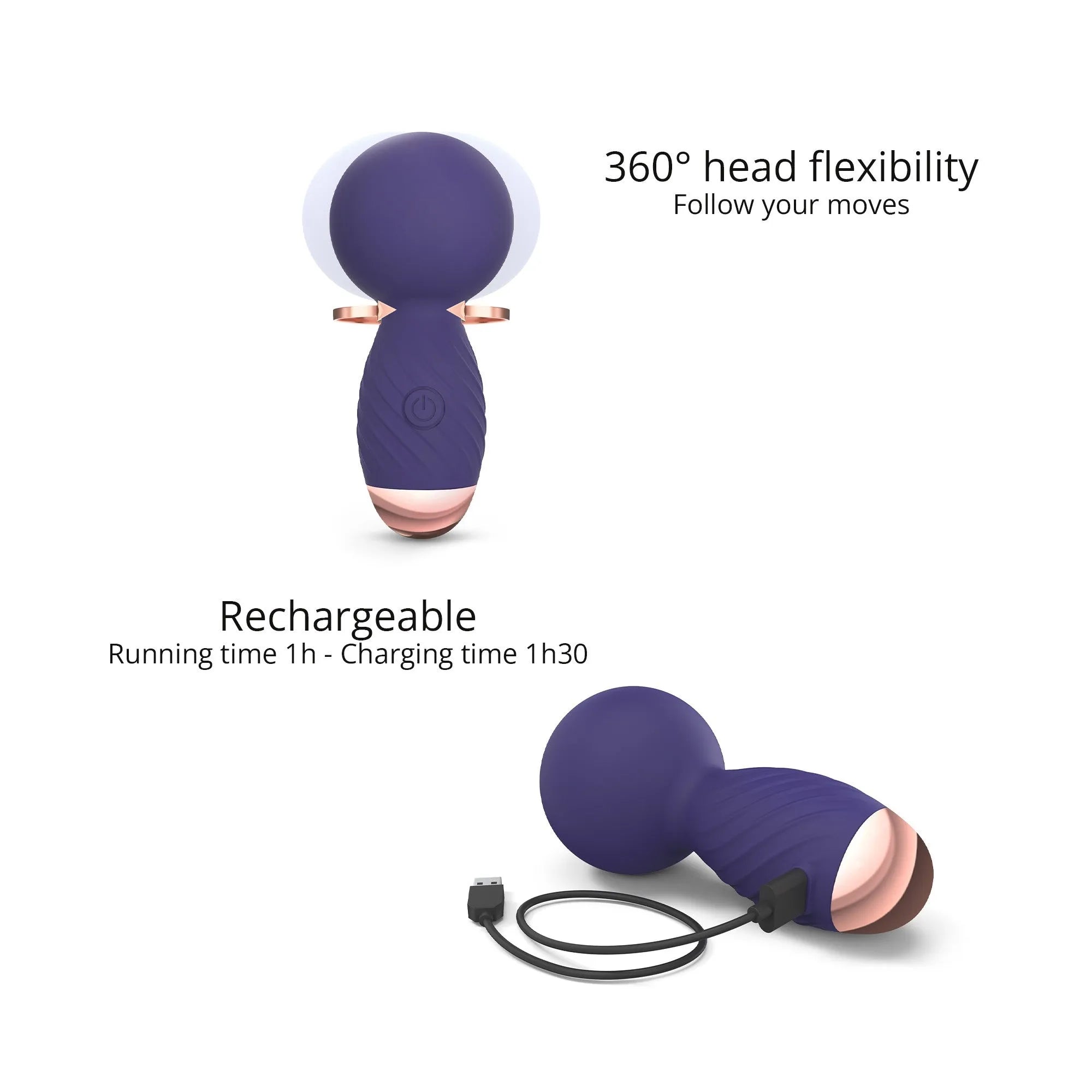 Masseur puissant mini compact portable silencieux discret flexible cou articulé tête moelleuse silicone haute qualité bleu nuit indigo