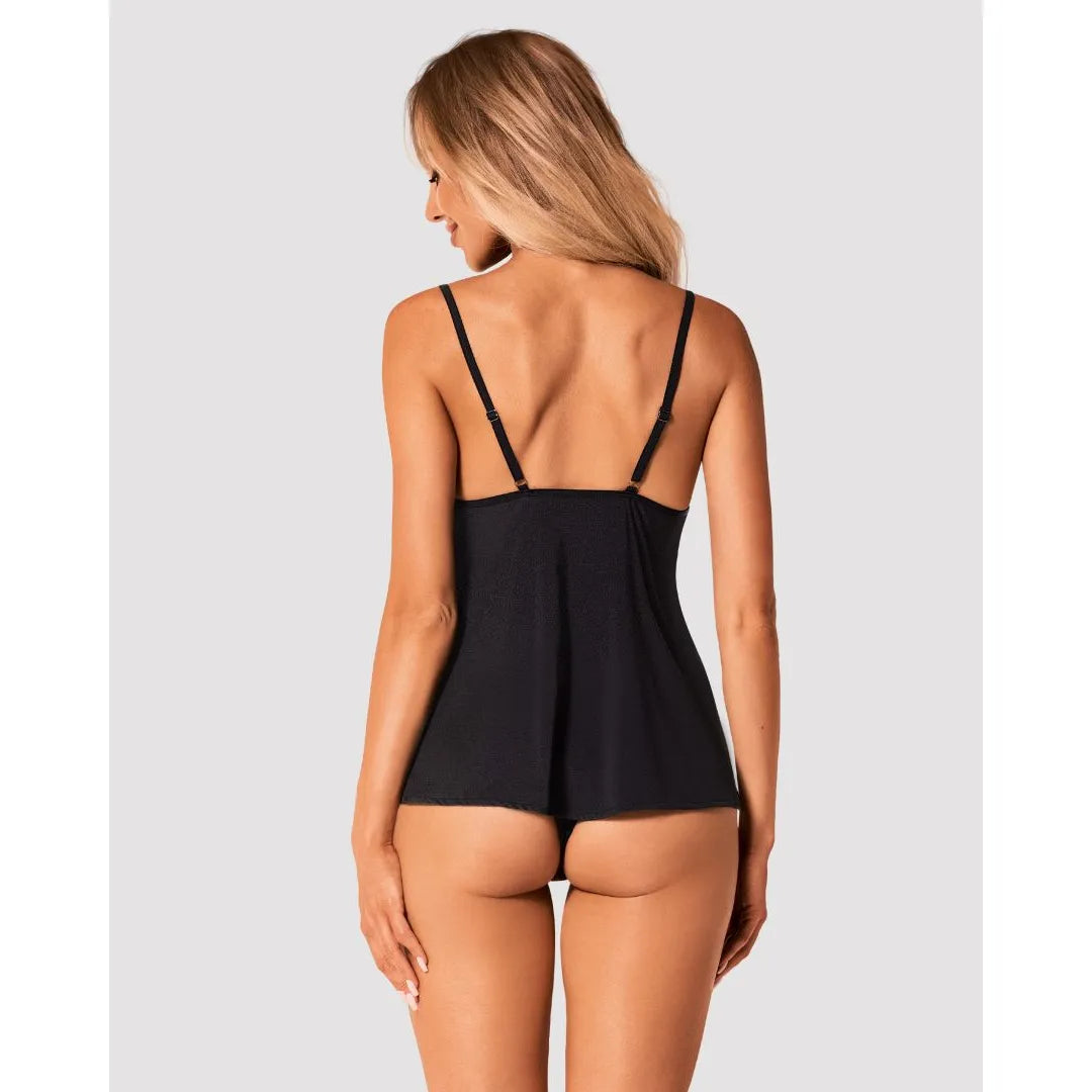 Ensemble lingerie BellaRou noir, broderie florale tulle, top élégant, culotte ajustable, pendentif, sexy et confortable.