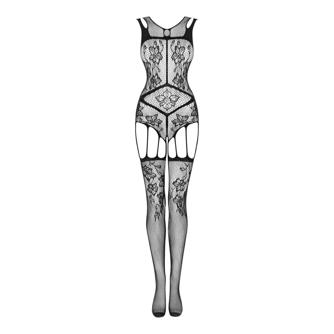 Combinaison résille noire motif floral géométrique, entrejambe ouvert, lanières sensuelles, ajustement parfait.