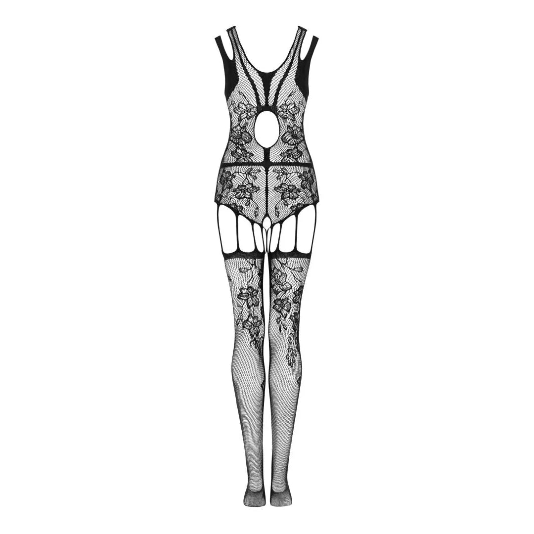 Combinaison résille noire motif floral géométrique, entrejambe ouvert, lanières sensuelles, effet seconde peau.