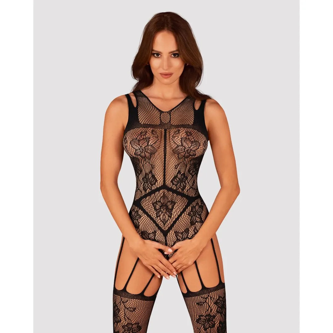Combinaison résille noire motif floral géométrique, entrejambe ouvert, lanières sensuelles, ajustement parfait.