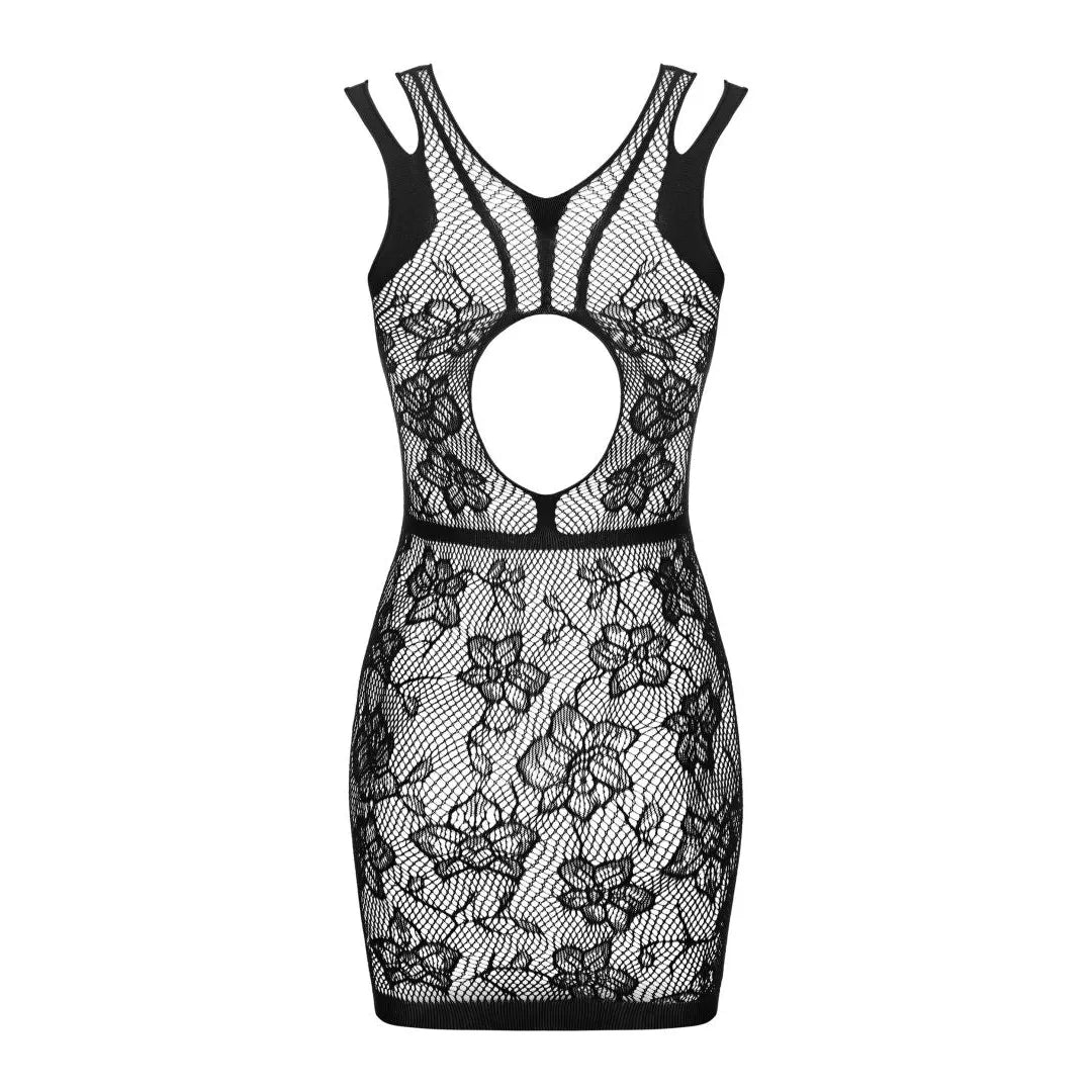 mini robe noire épicée motif floral géométrique découpe dos tissu élastique maille moulante ajustée élégante séduisante