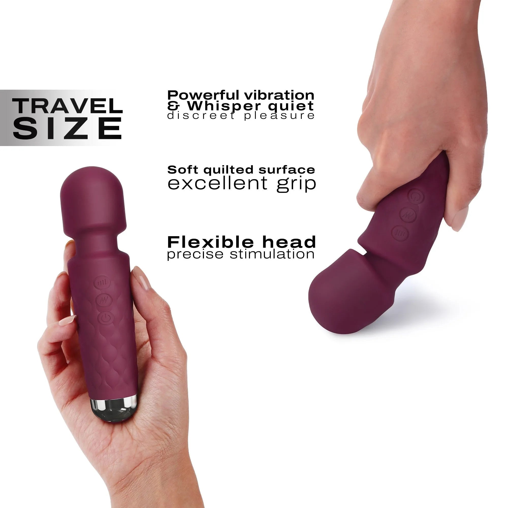 mini compact rechargeable silicone doux puissant silencieux discret ergonomique matelassé pivotant quinze centimètres voyage prune argent vingt modes stimulation intime