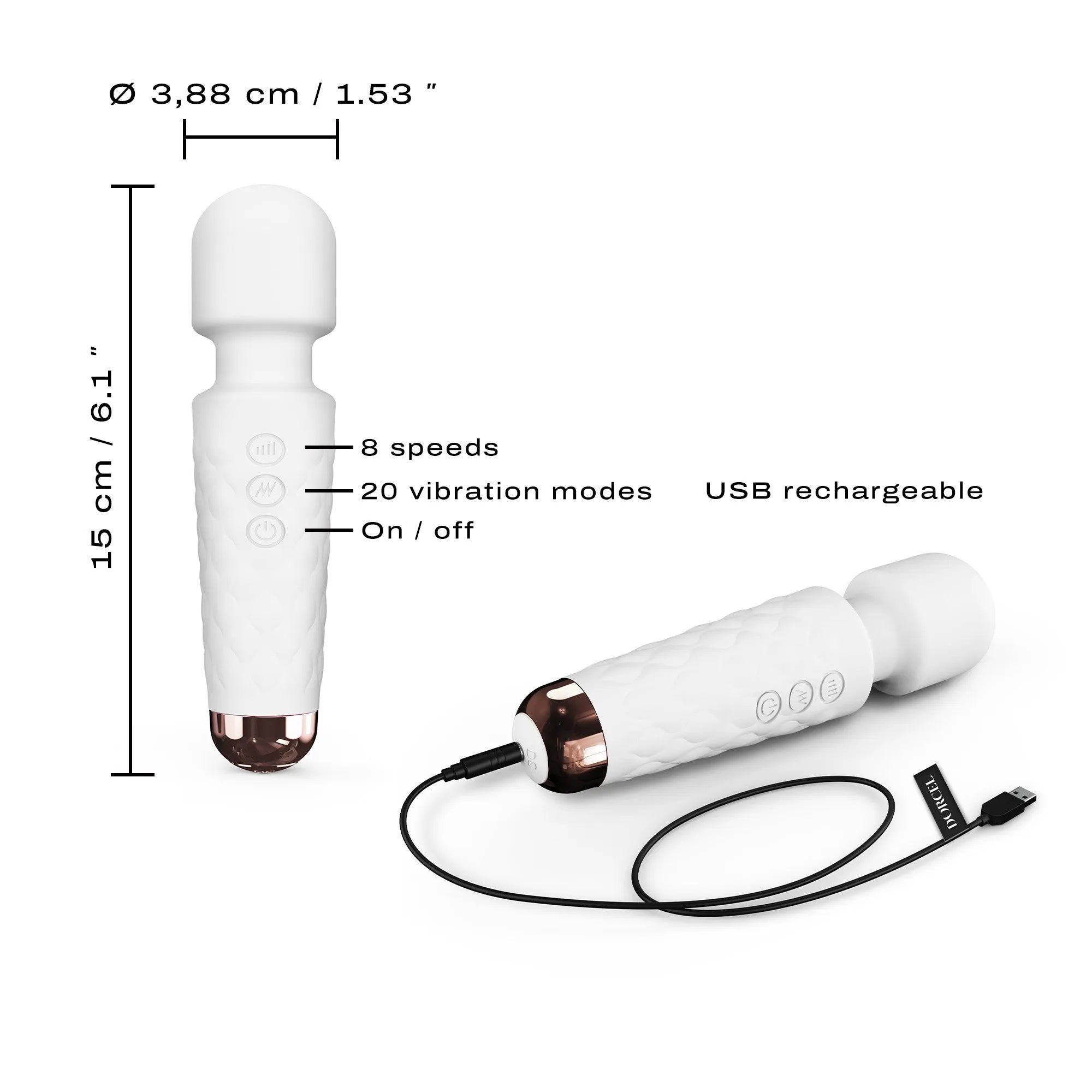 mini vibromasseur compact portable silencieux puissant rechargeable silicone souple flexible quinze centimètres vingt modes stimulation vaginale clitoridienne blanc or rose
