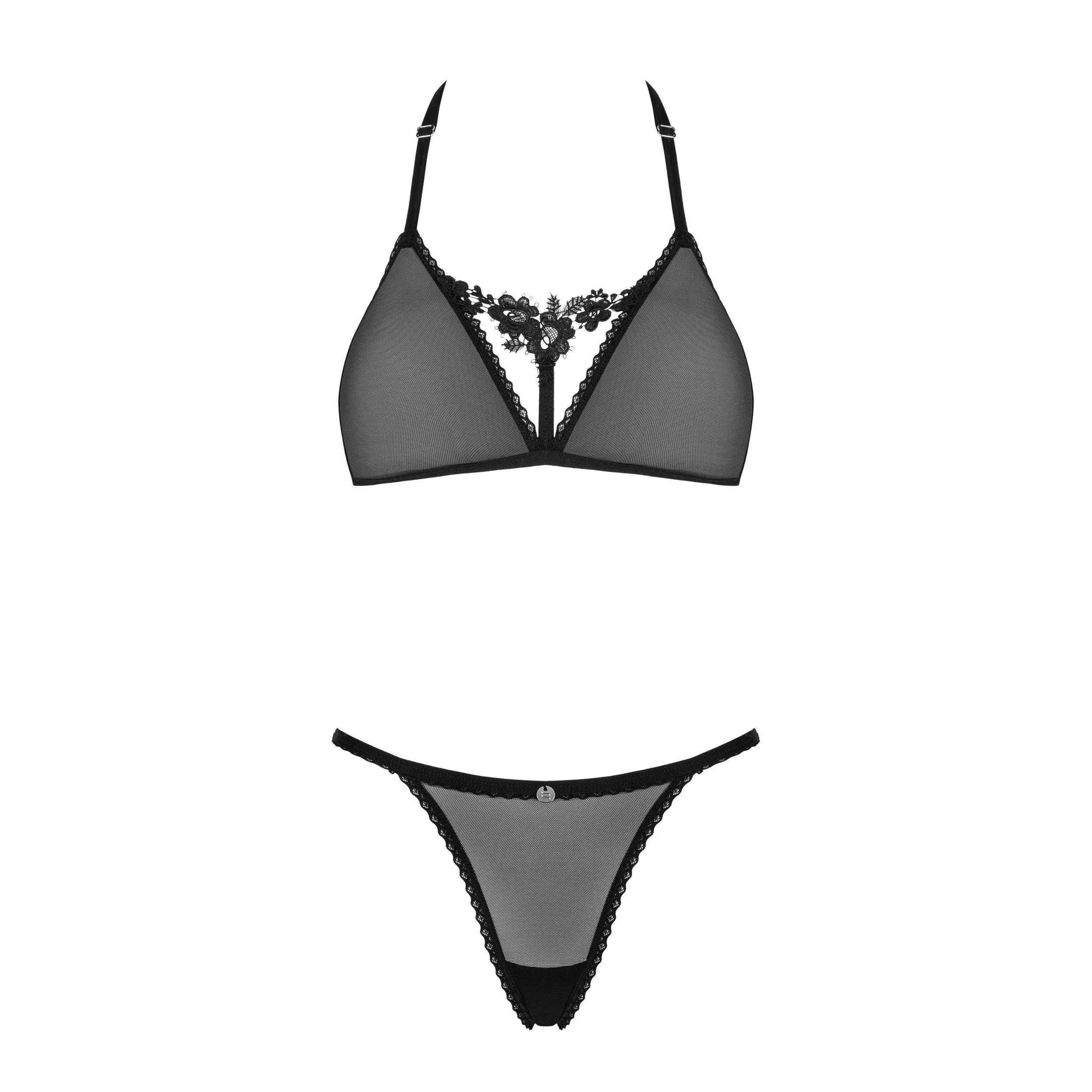 Ensemble lingerie noir dentelle guipure florale résille transparente, soutien-gorge et string, bretelles réglables élégantes.