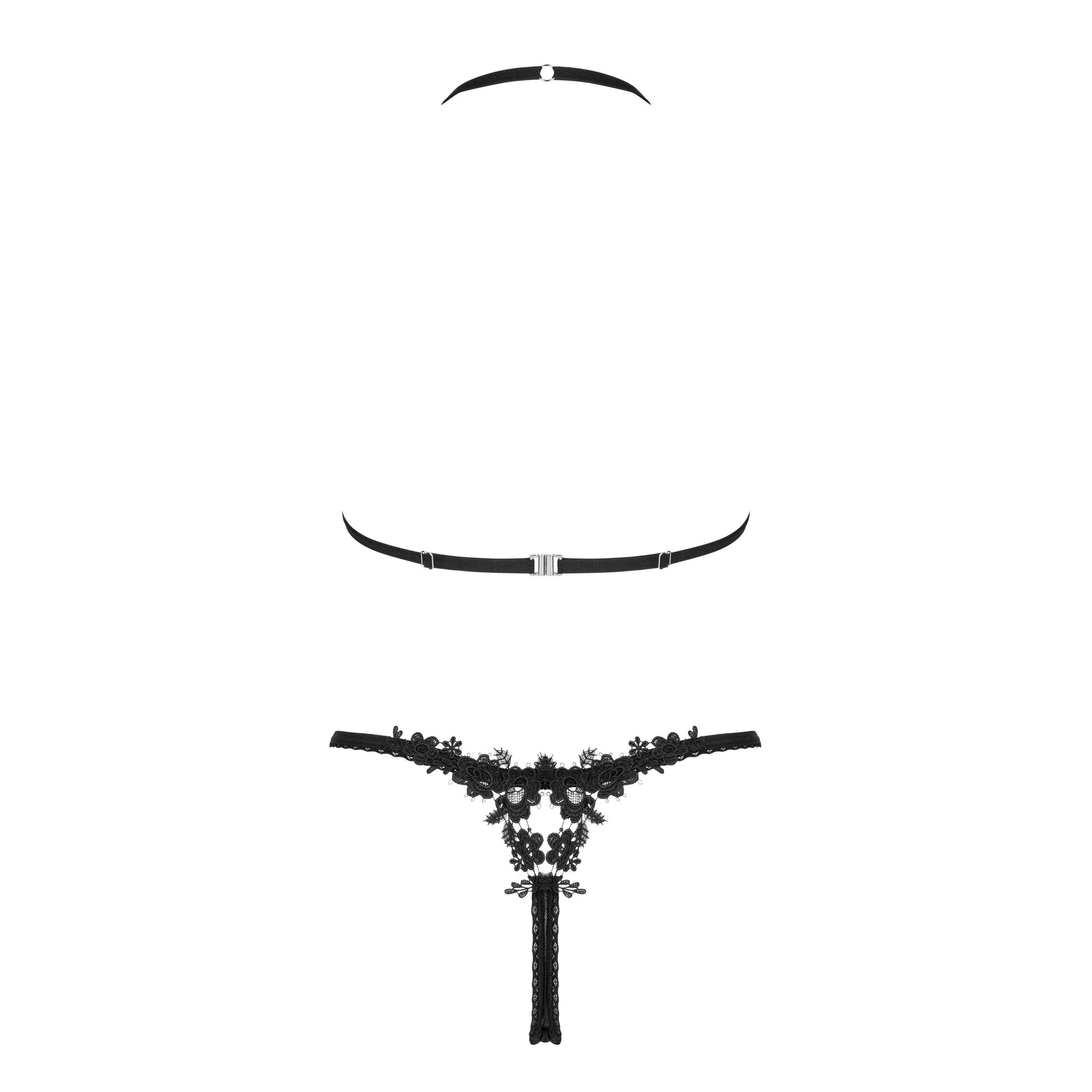 Ensemble lingerie noir dentelle guipure florale, résille transparente, soutien-gorge et string, bretelles réglables.
