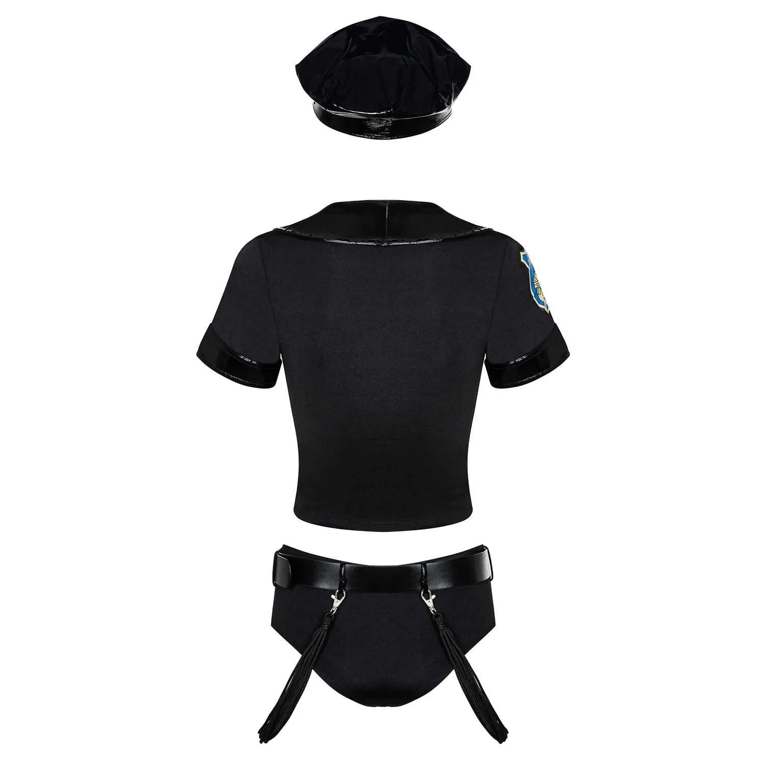 Costume policière femme vinyle noir, haut zippé, badges authentiques, short flatteur, casquette incluse.