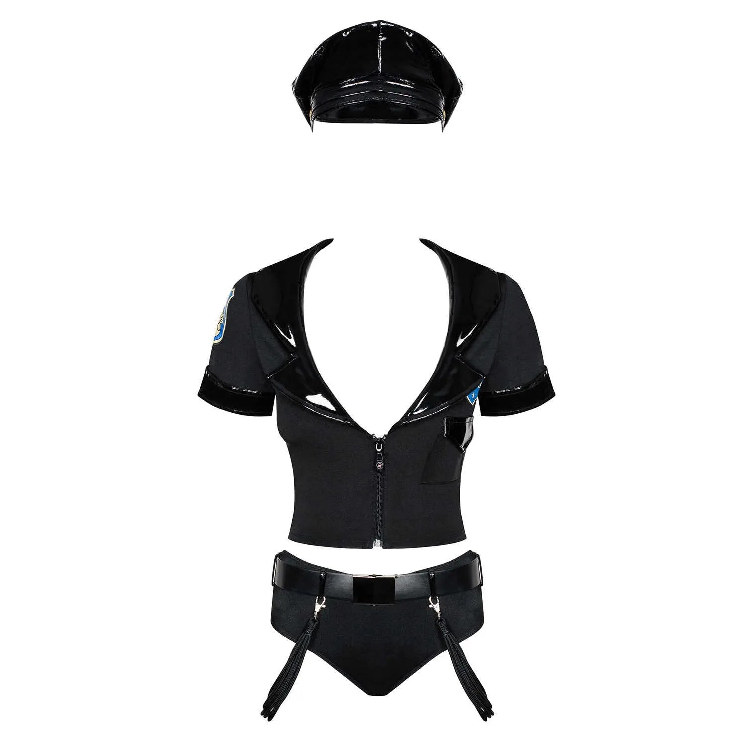 Costume policière femme vinyle noir, haut zippé, badges authentiques, short flatteur, accessoires inclus.