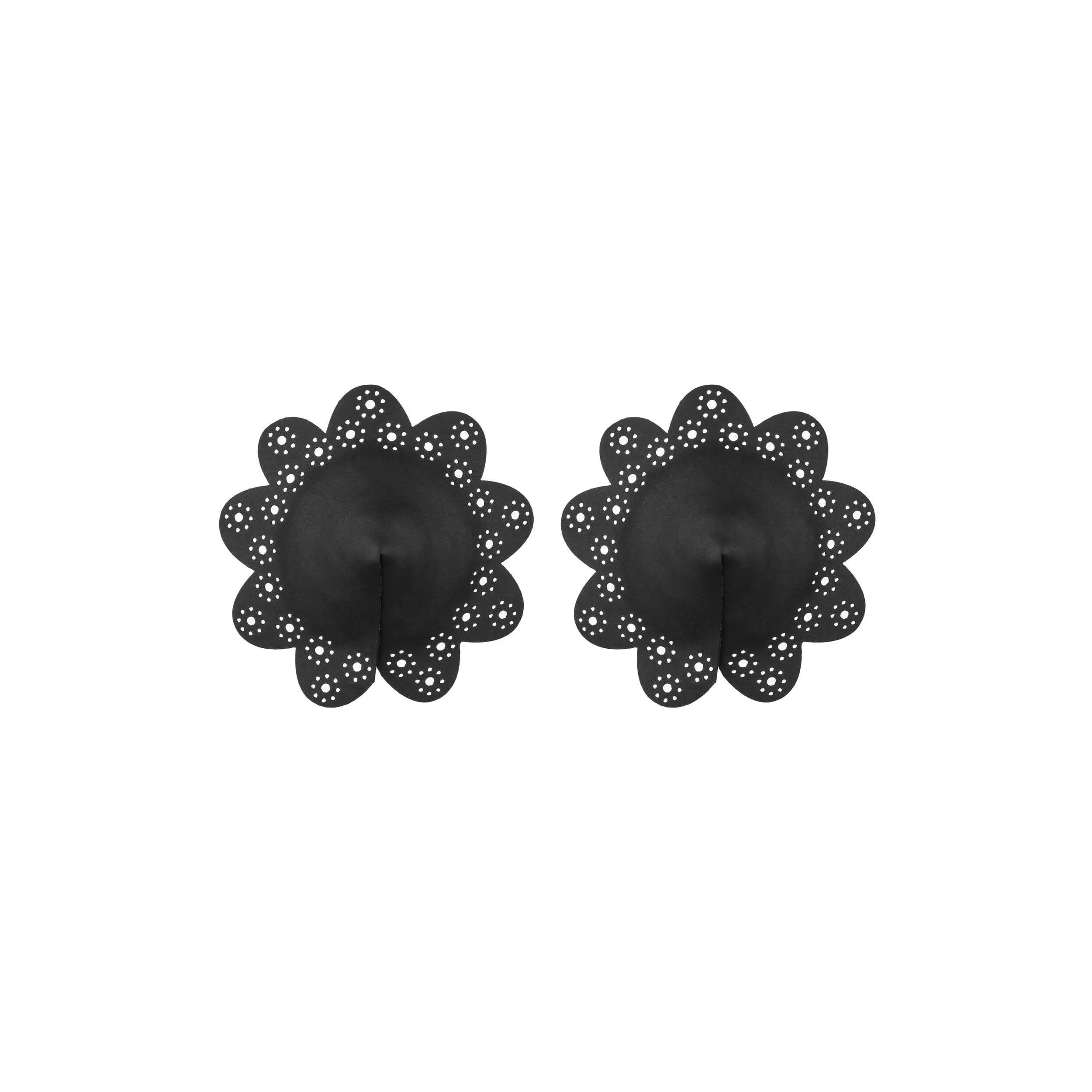 Cache-tétons fleurs noirs métalliques scintillants ajourés, design glamour et réutilisable, pour soirées intimes élégantes.