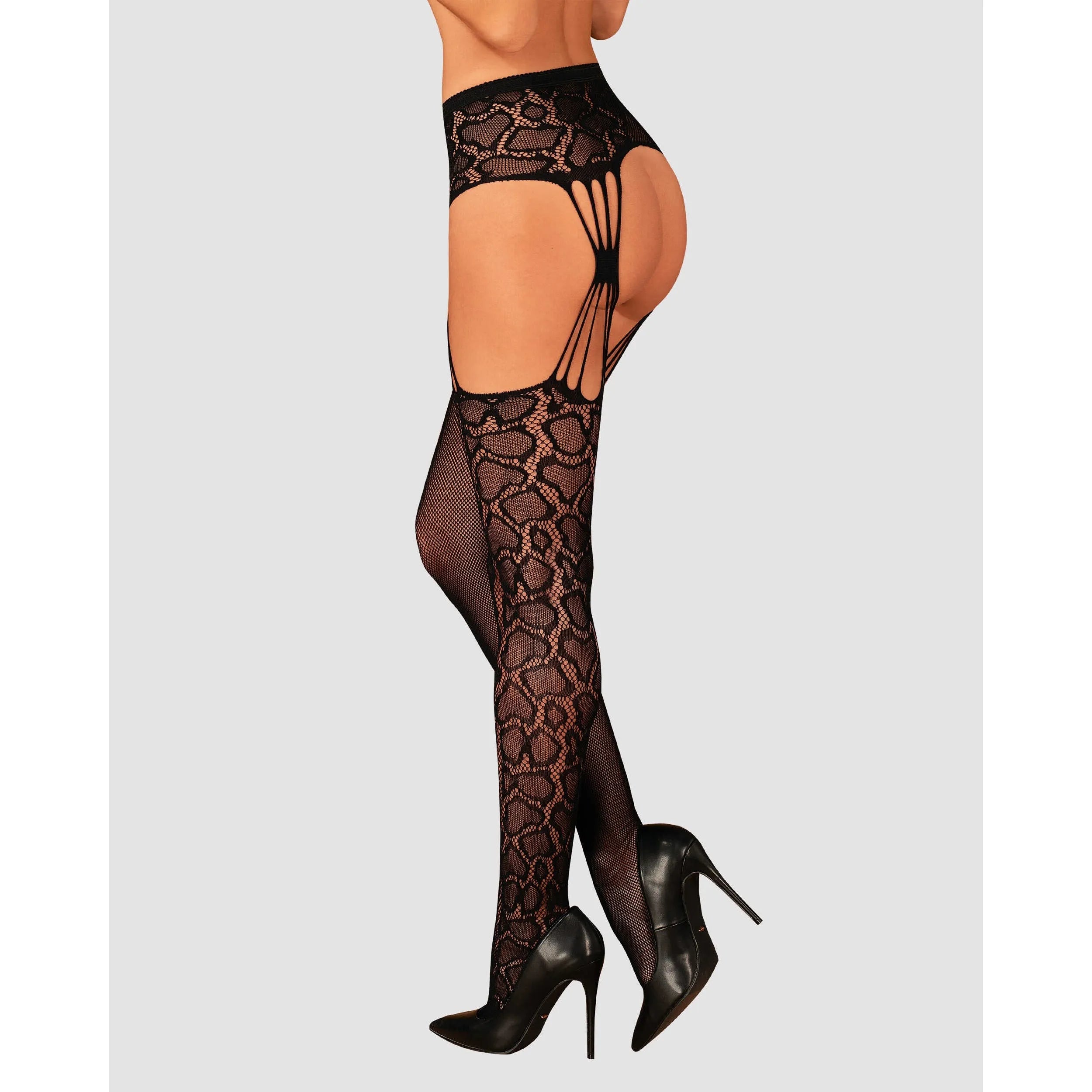 Bas jarretelles noir motif animalier, élastique, extensible, chic et séduisant, en nylon et élasthanne, pour allure audaci...