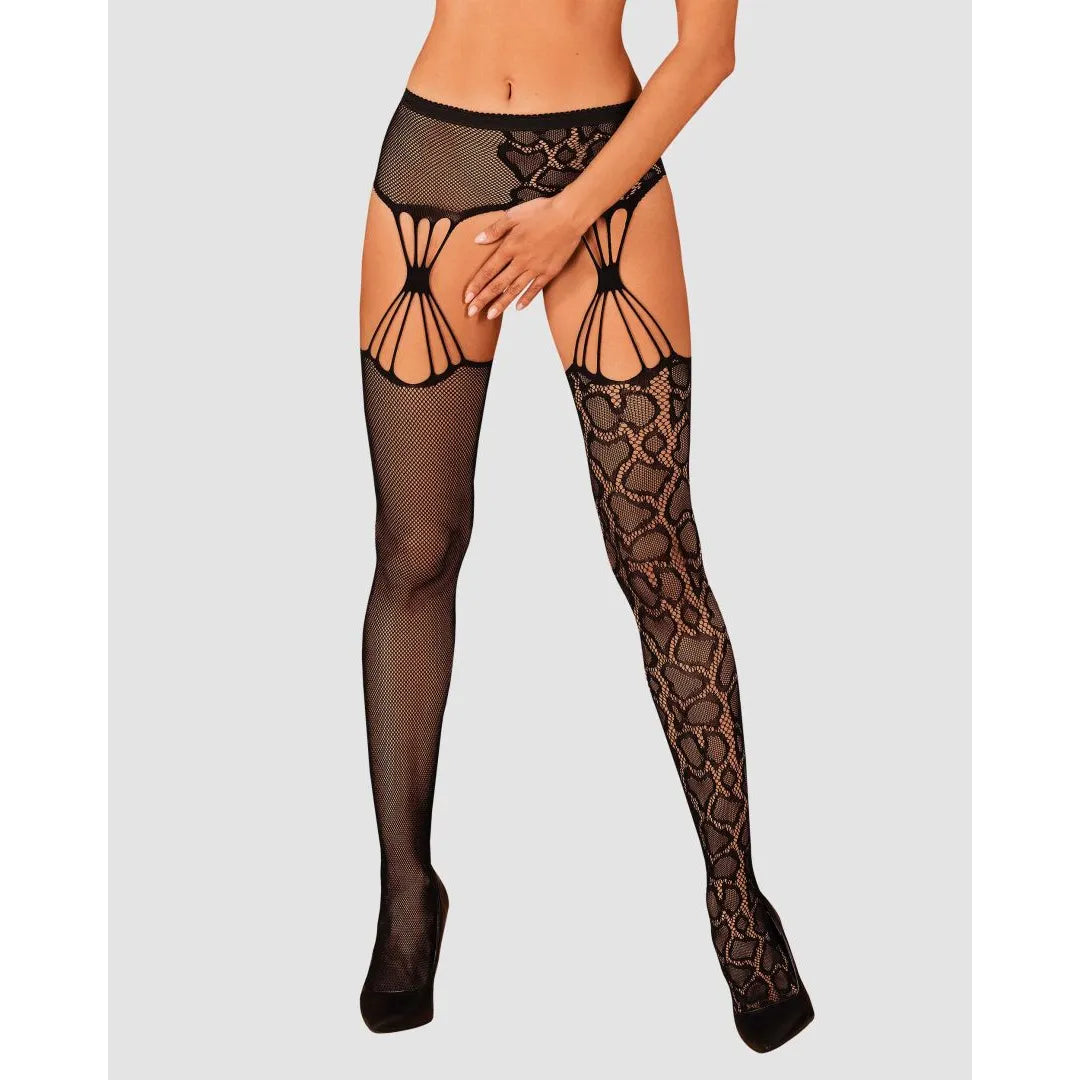 Bas jarretelles noirs motif animalier, élastiques, nylon, élasthanne, rayures fines, élégants et séduisants.