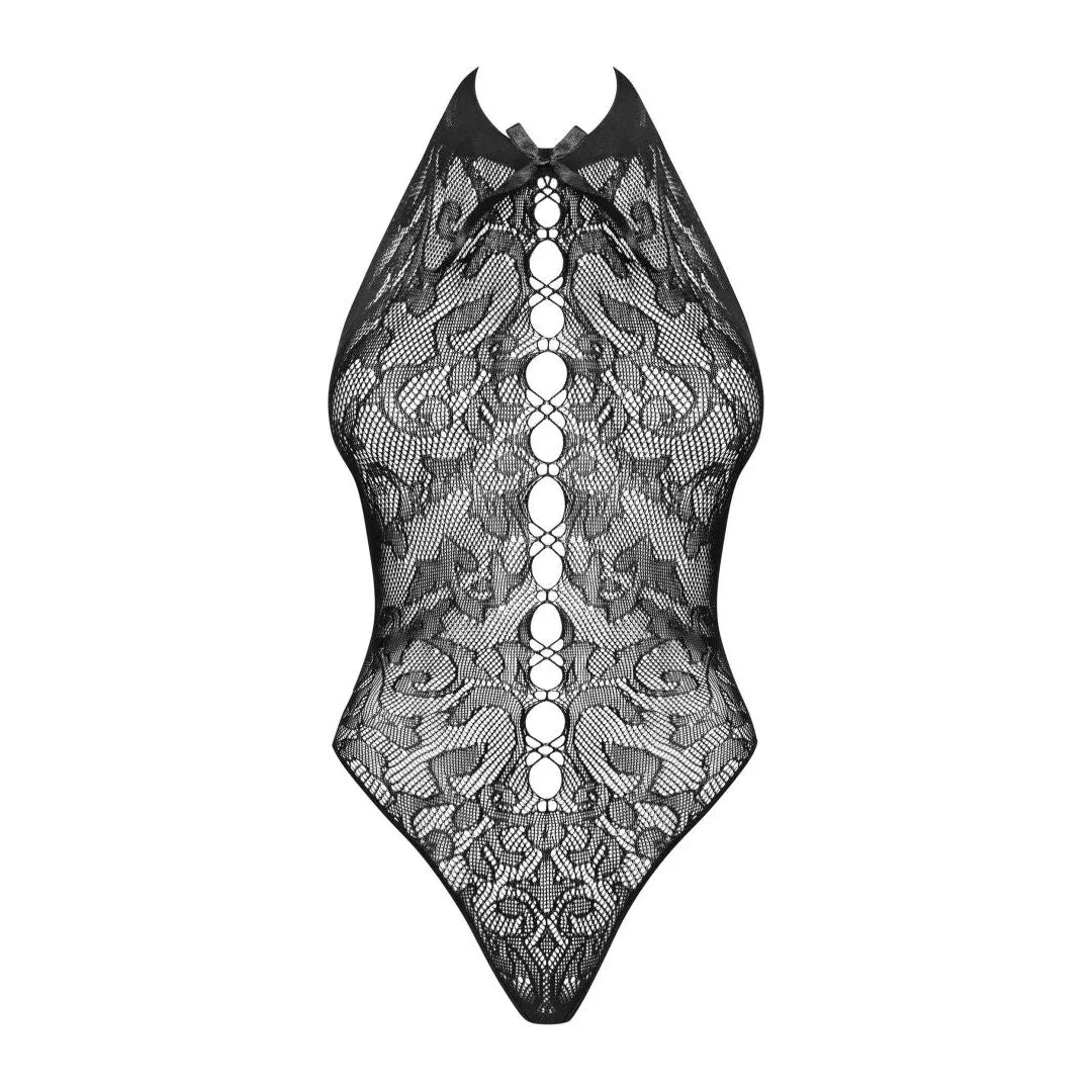 Body noir dentelle laçage avant, dos nu, effet amincissant, noeud satin, élasthanne, glamour et confortable.