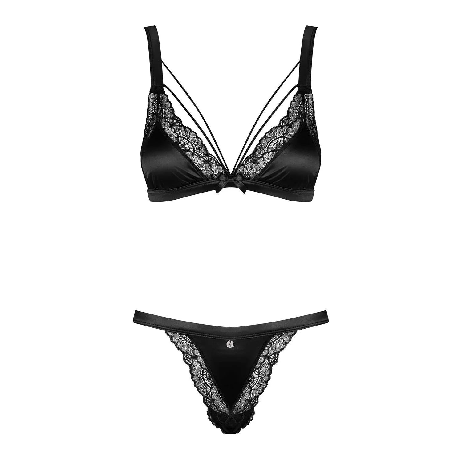 Ensemble lingerie satin noir dentelle ajustable, bretelles réglables, coupe string, séduction et confort automne.