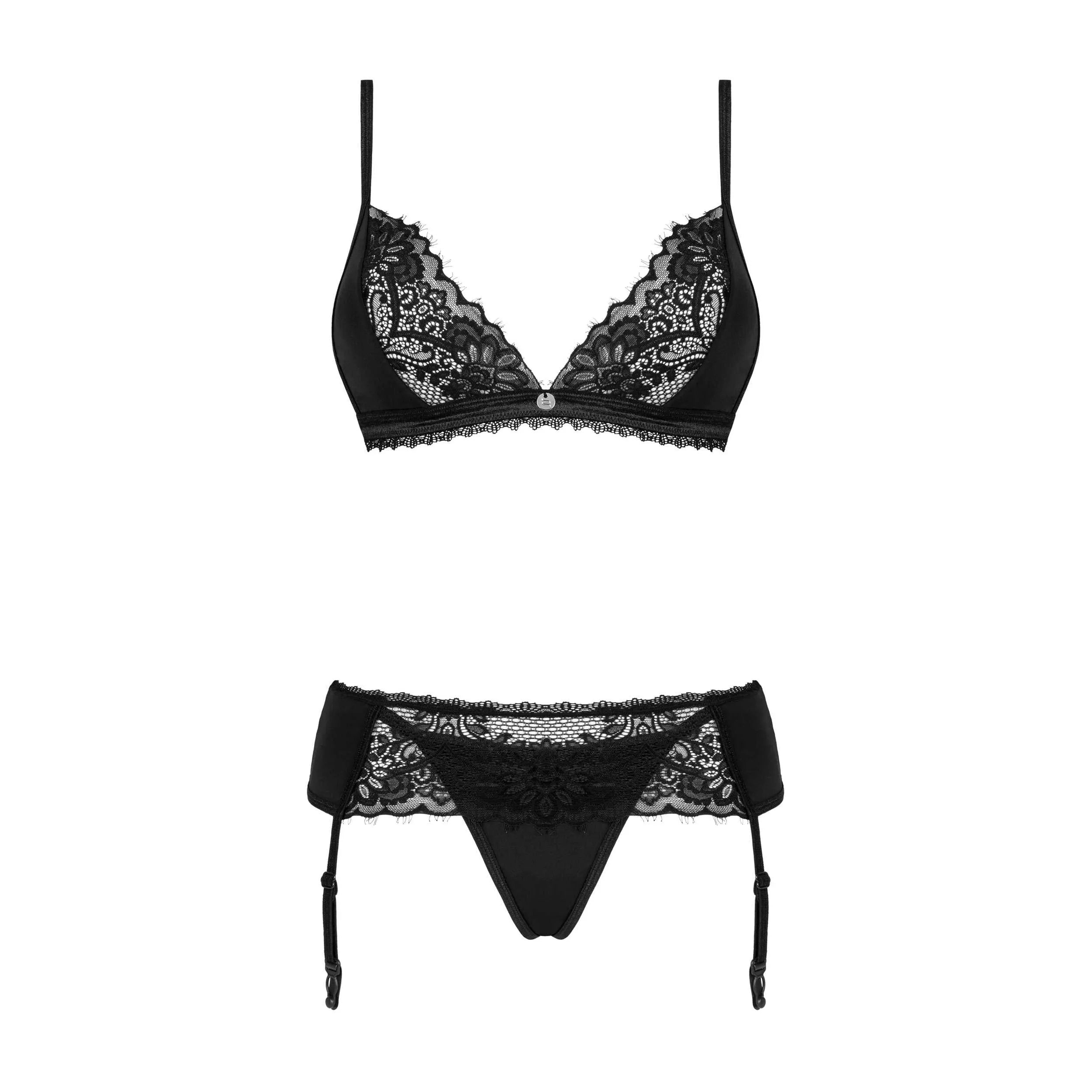 Ensemble lingerie dentelle noire sexy trois pièces avec soutien-gorge, porte-jarretelles et culotte, bretelles réglables.
