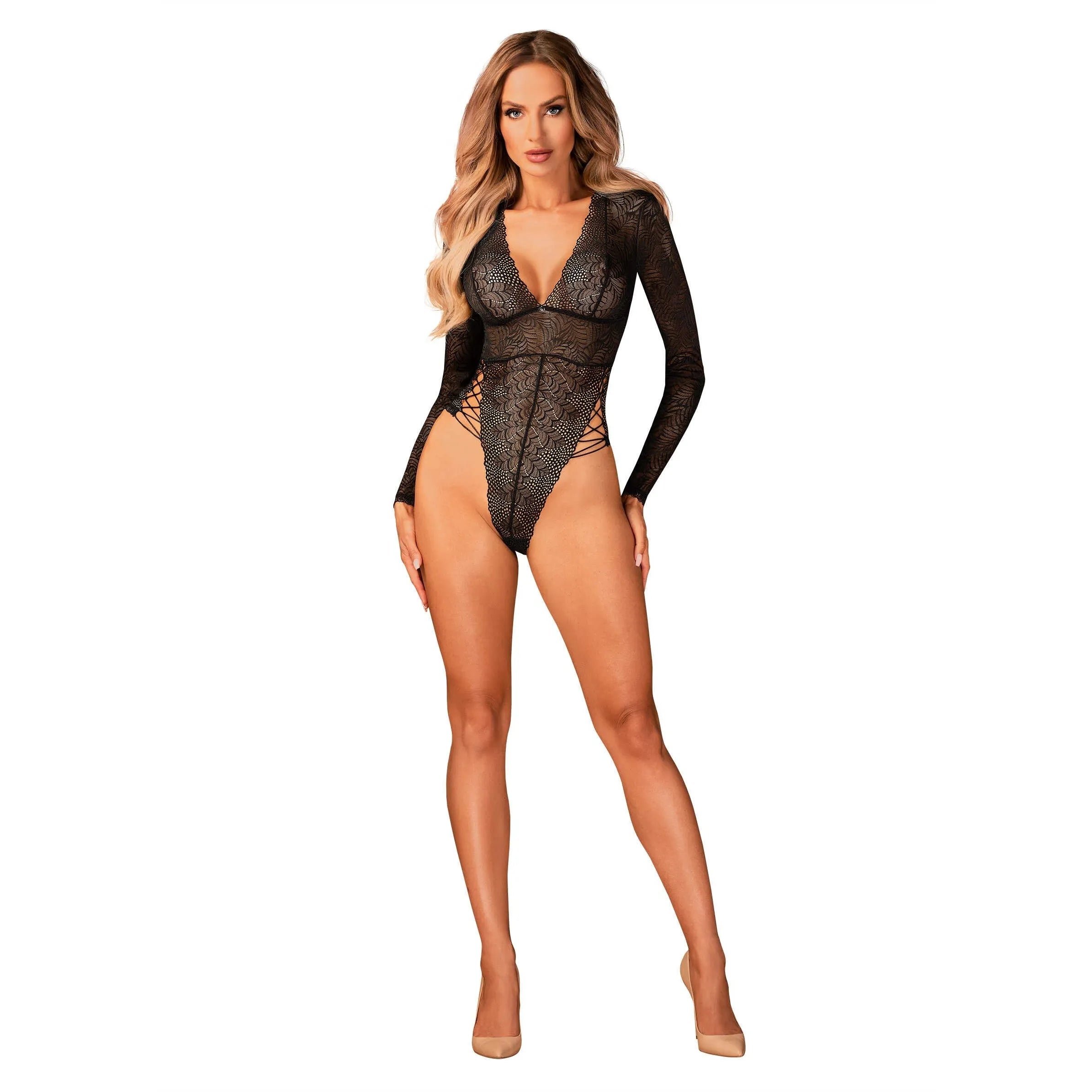 Teddy Merlys noir dentelle sexy laçage hanches pendentif élégant coupe ajustée tissu délicat confortable bandoulière réglable amovible fermeture entrejambe