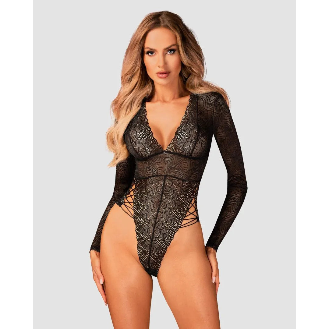 Teddy Merlys noir dentelle sexy laçage hanches pendentif élégant coupe ajustée tissu délicat confortable bandoulière réglable amovible fermeture entrejambe