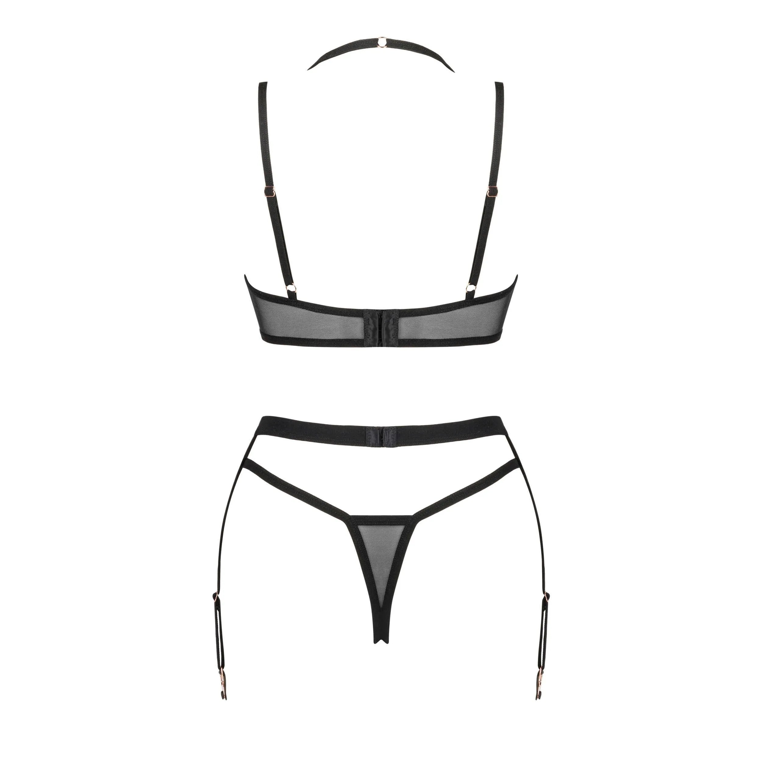 Ensemble lingerie trois pièces noir, armatures roses, bretelles dos nu, porte-jarretelles, tissu élastique ajustable.