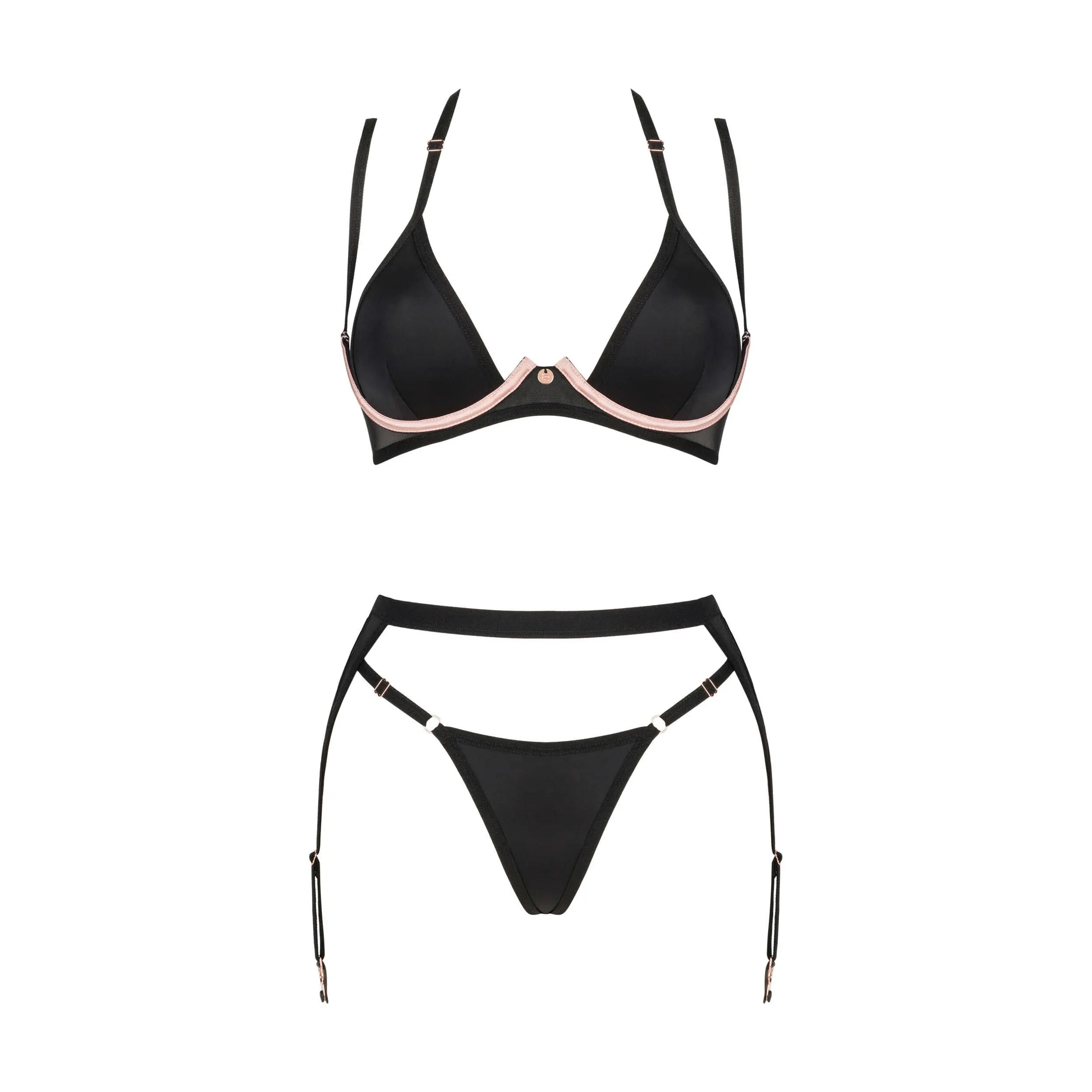 Ensemble lingerie trois pièces noir avec armatures roses, bretelles dos nu, soutien-gorge, porte-jarretelles, tissu élasti...