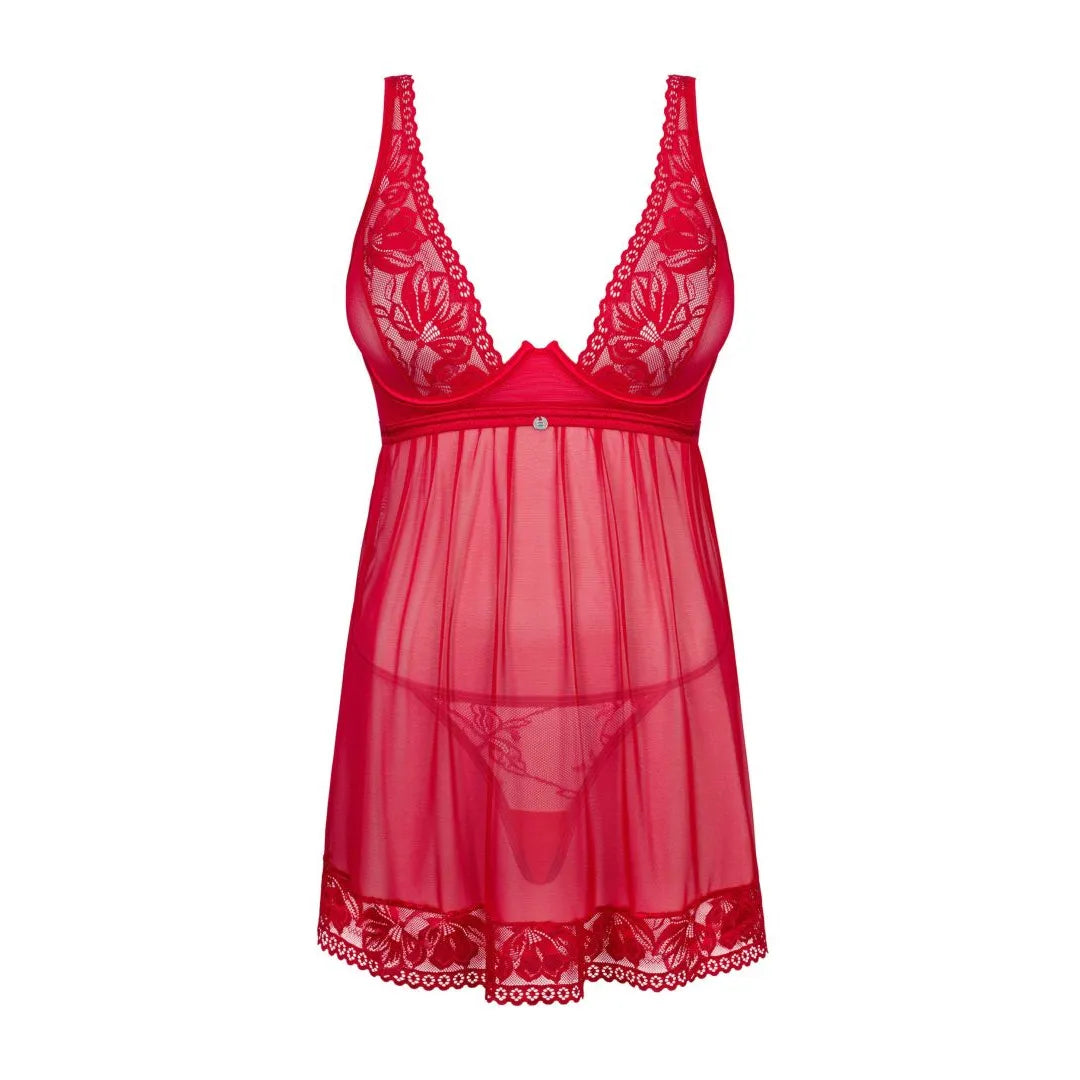 nuisette dentelle transparente rouge ajustable bretelles réglables armature subtile pendentif élégant slip assorti tissu doux extensible confortable tailles variées séduisante