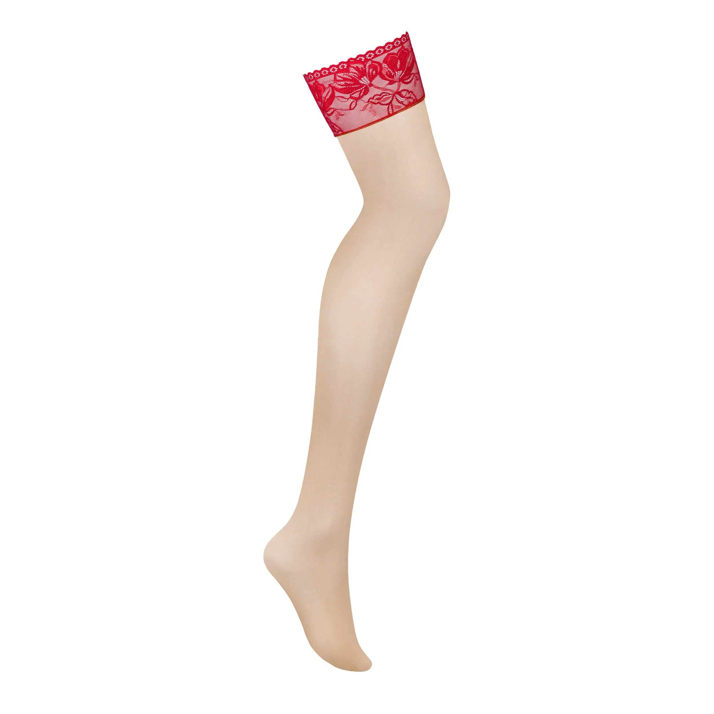 Bas jarretelles dentelle rouge Lacelove, élégant et sensuel, tissu doux et extensible, design raffiné et ajustable.