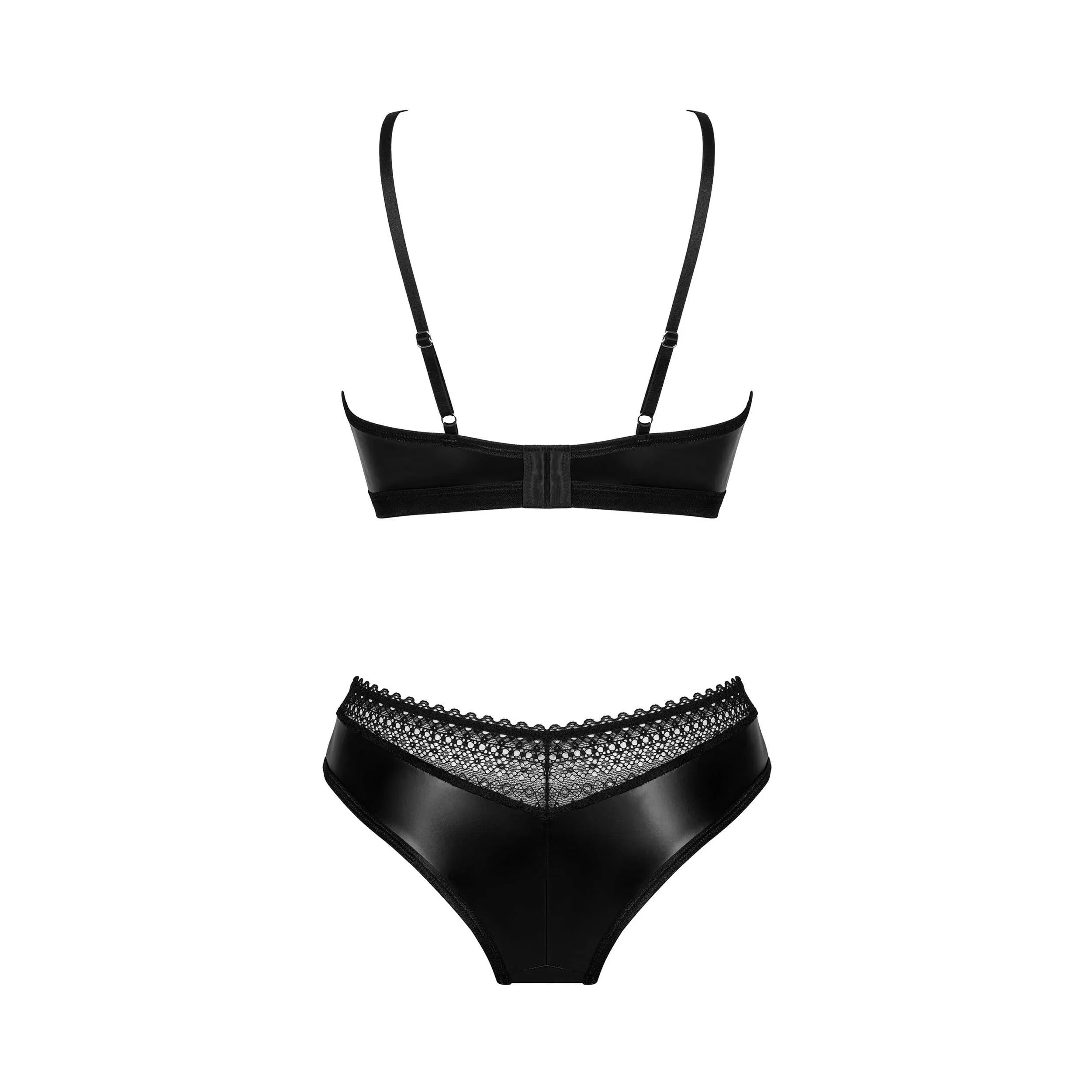 Ensemble lingerie noire dentelle avec soutien-gorge à armatures et culotte, pendentif argent, bretelles ajustables.