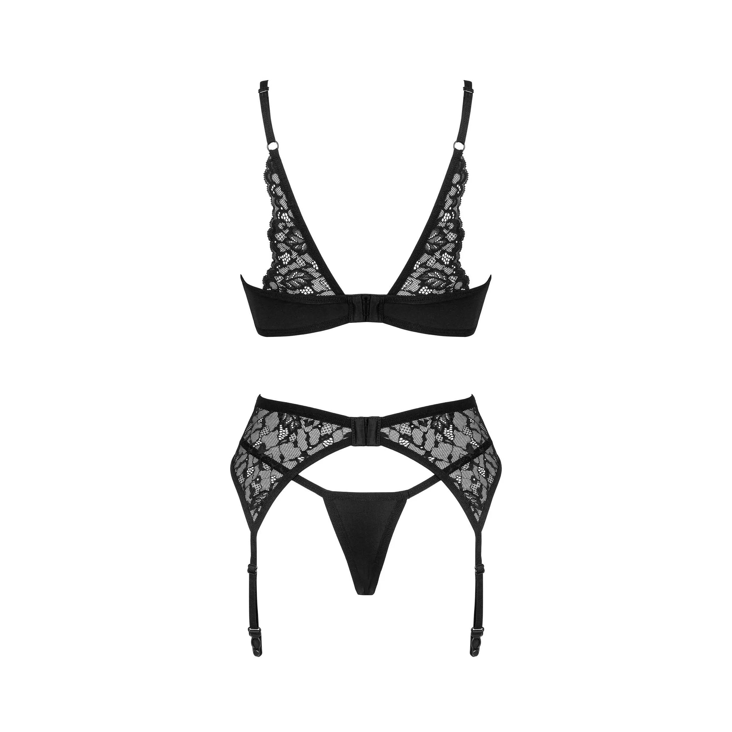 Ensemble lingerie noir trois pièces en dentelle ajustable Bellastia, design sensuel et élégant, glamour et raffiné.
