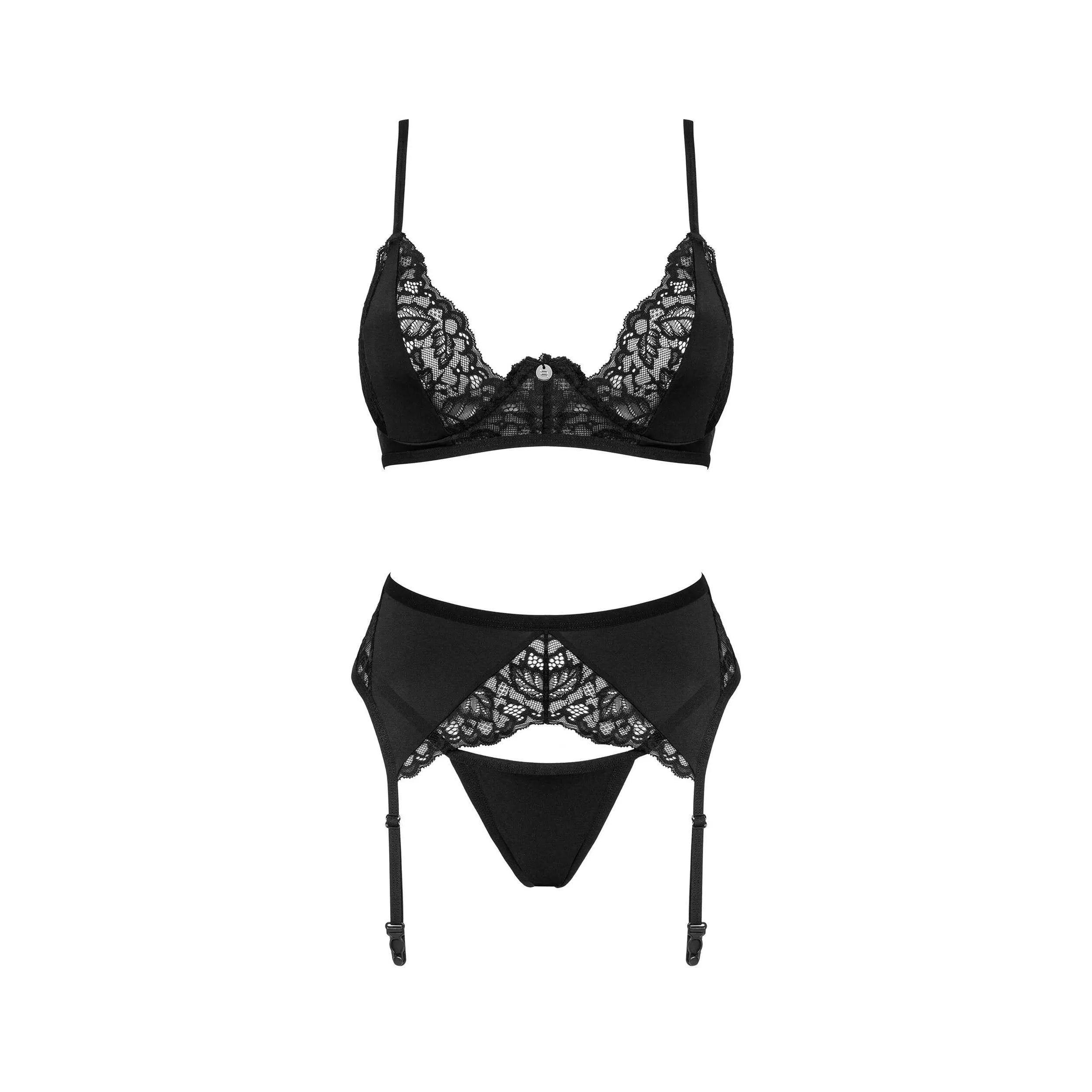 Ensemble lingerie noir trois pièces en dentelle ajustable Bellastia, élégant et sensuel, sublimant la silhouette.