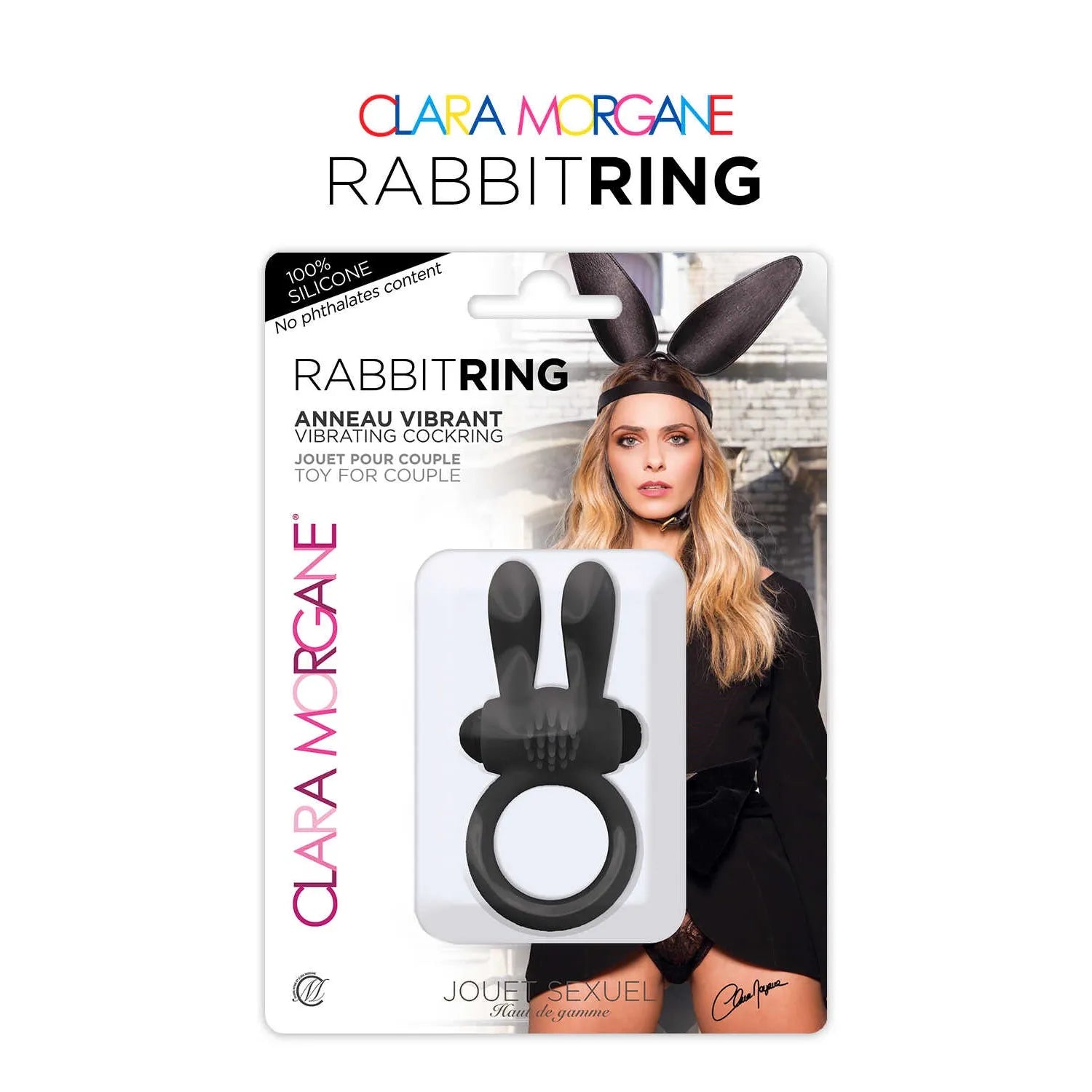 Anneau vibrant noir en silicone étanche, extensible, sur fond blanc avec emballage discret pour couples.