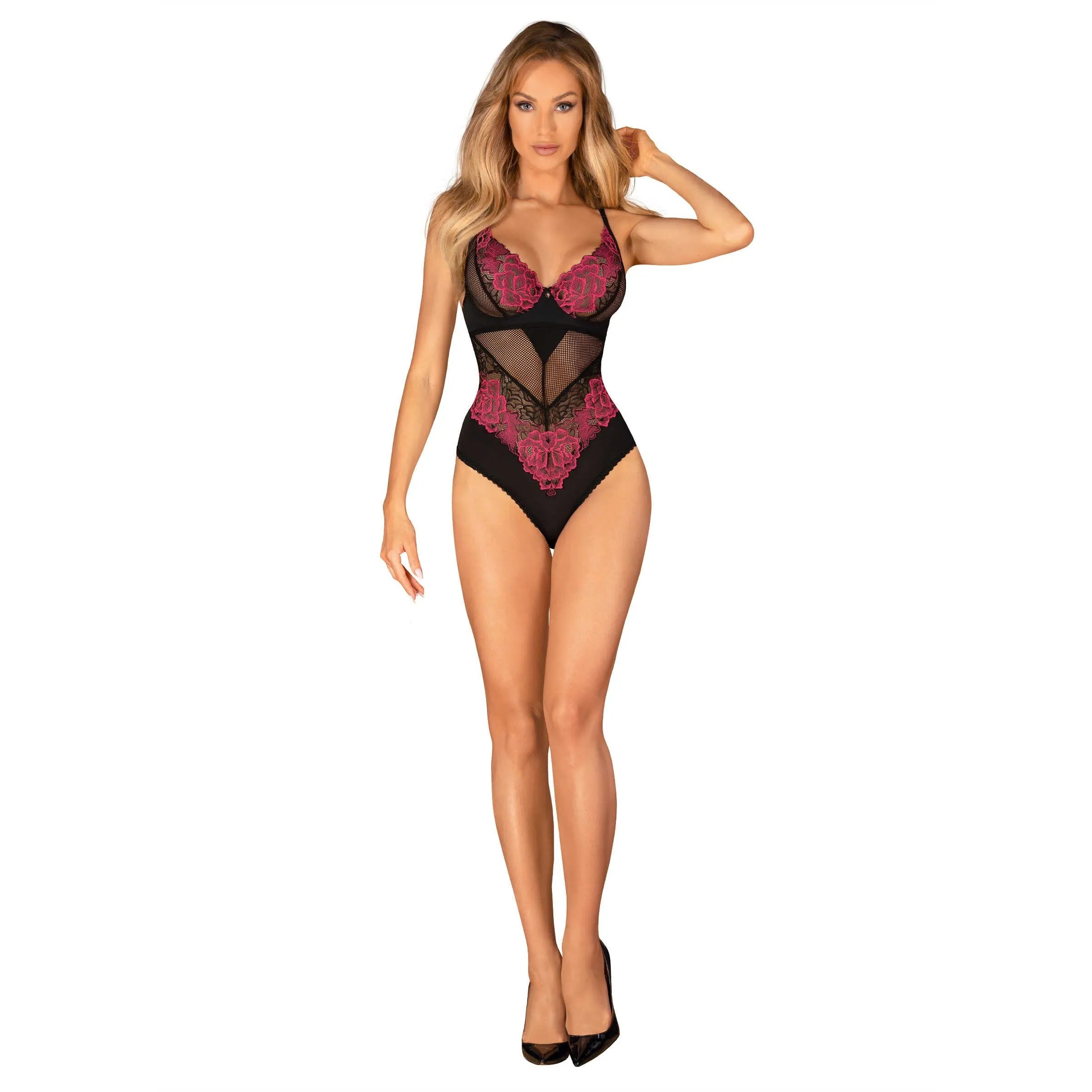Body lingerie noir Rosenty avec motifs floraux délicats, bretelles réglables, dentelle raffinée, ajustement parfait.