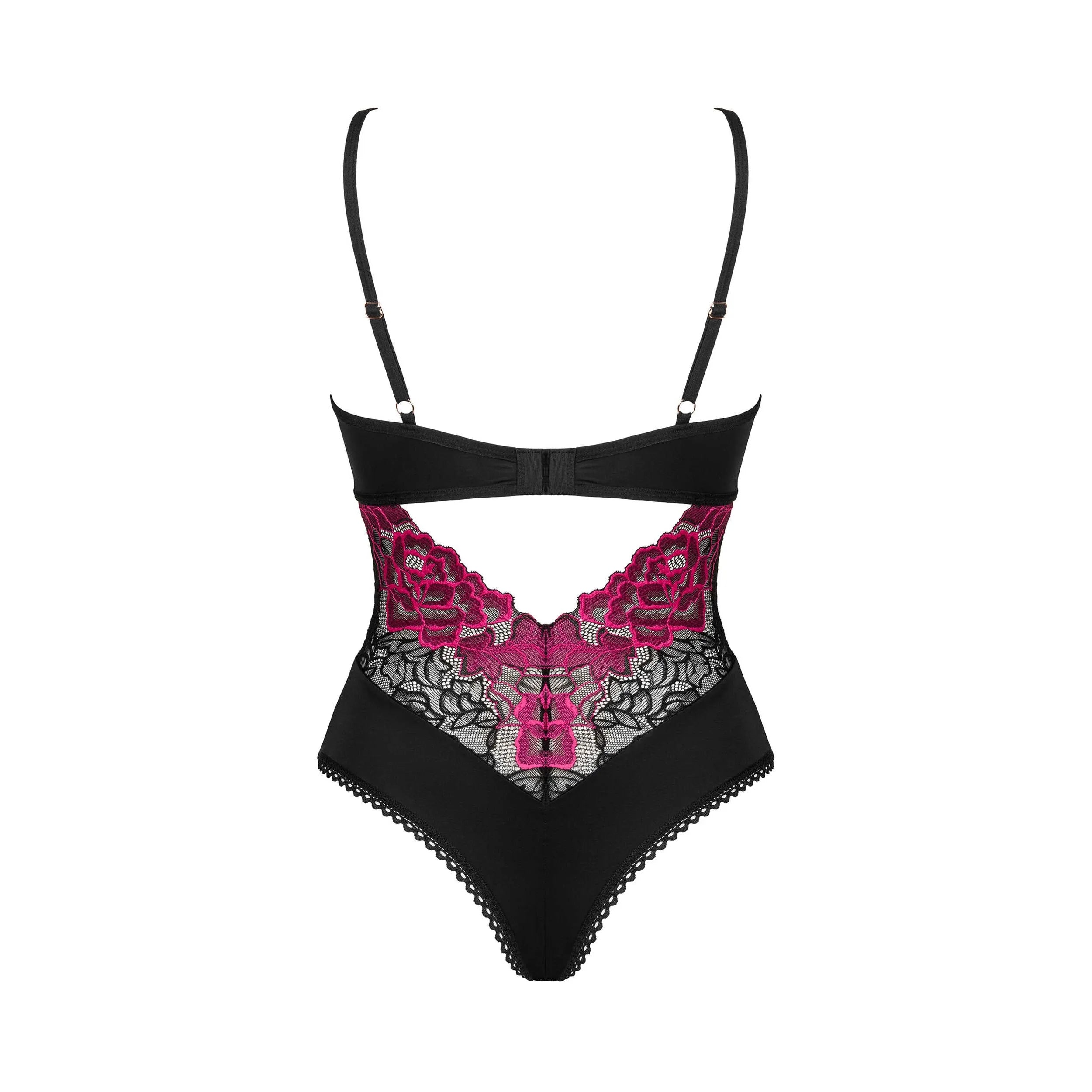 Body Rosenty noir en dentelle florale, bretelles réglables, design sculptant, pendentif raffiné, sensualité élégante.